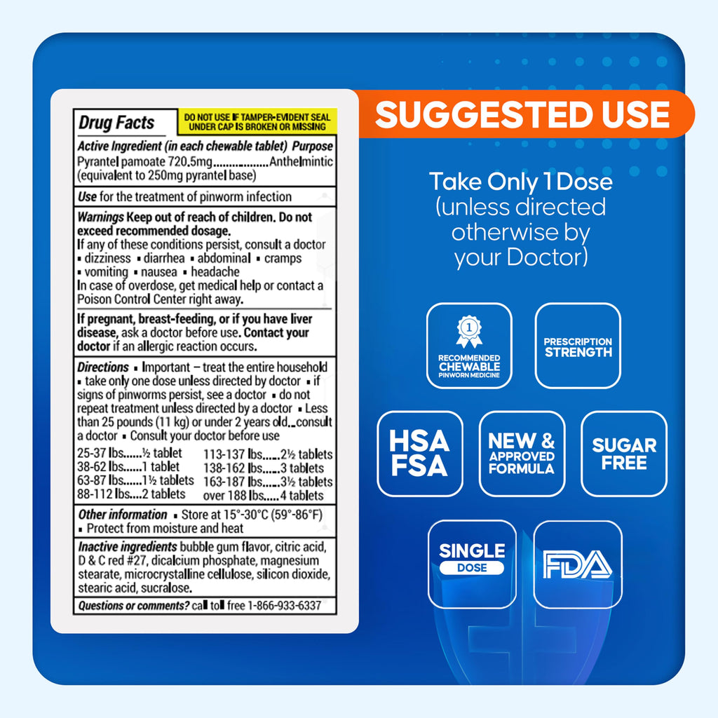 PIN RID - Pinworm Medicine for Family 2+, Bubble Gum Chewable Tablets (12 Doses) - 250mg Pyrantel Pamoate - Single-Dose Parasite Cleanse for Humans - Allergen Free