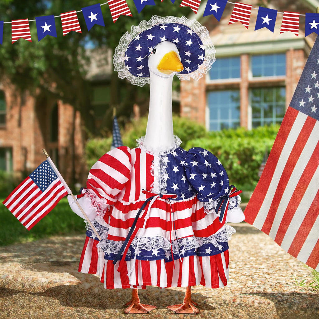 Suzile 250 Years 4th of July Porch Goose Outfit US Patriotic Independence Day Dresses Clothes for 17" High Goose Clothes Costume with Flag for Lawn Yard Outdoor Garden Patio Statue Memorial Day