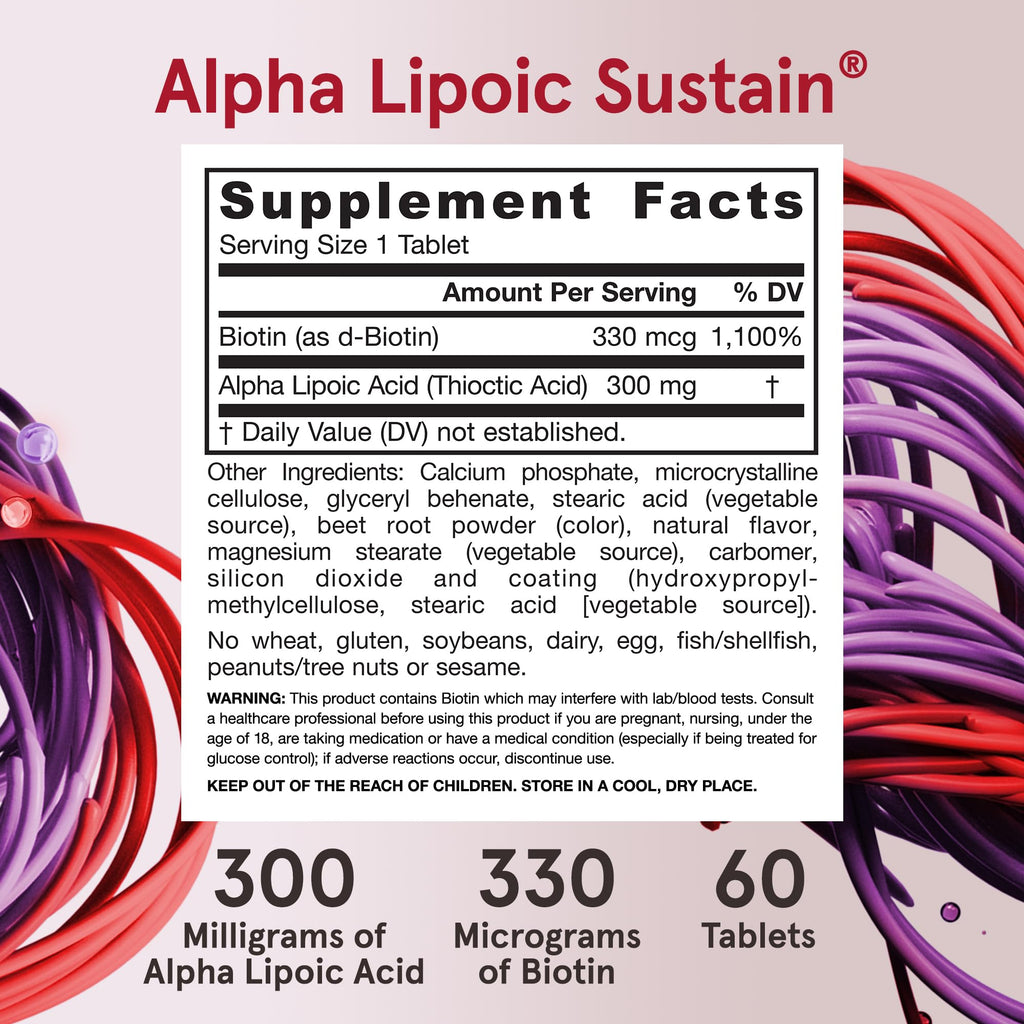 Jarrow Formulas® Alpha Lipoic Sustain with Biotin, 300 mg Alpha Lipoic Acid, Universal Antioxidant, Dietary Supplement, 60 Vegan Tablets, Up to a 60 Day Supply