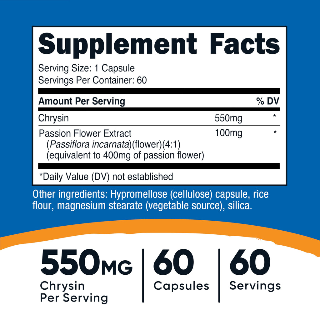 Nutricost Chrysin Supplement (550mg) 60 Capsules - with Passion Flower Extract, Vegan, GMO-Free, Gluten-Free