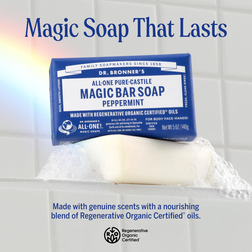 Dr. Bronner's Castile Bar Soap for Men & Women, Peppermint, 5 oz, 6-Pack