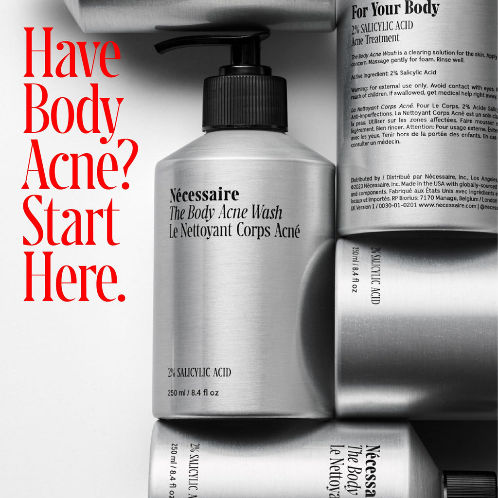 Nécessaire The Body Acne Wash. Medicated Clearing Cleanse. 2% Salicylic Acid, Niacinamide, Zinc PCA + Rosemary. Treat + Prevent Body Acne. Dermatologist-Tested. Non-Comedogenic. 250 ml