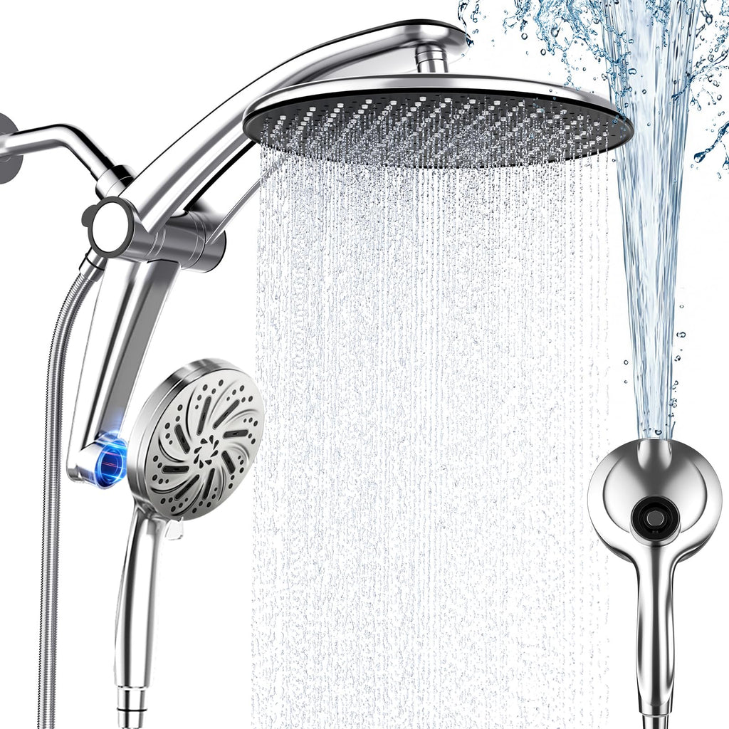 Rain Shower Head with Handheld,Dual Shower Head with Hose,Detachable 10" High Pressure Shower Head Combo with 9 Settings Shower Spray Built-in Magnetic Docking & Power Wash Mode (Chrome)