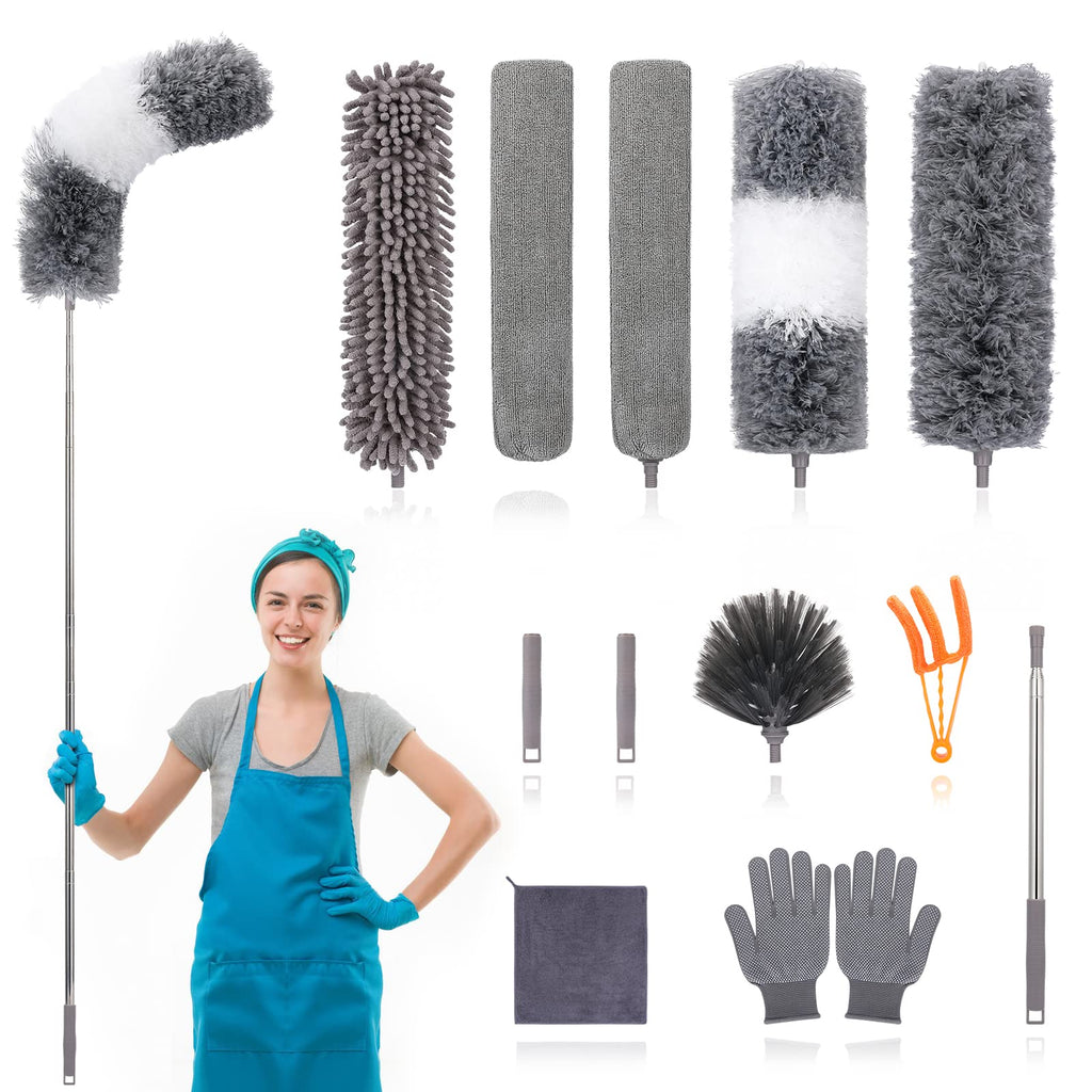 12pcs Microfiber Dusters, Duster with Extension Pole(Stainless Steel) 30 to 100'', Washable Dusters, Bendable Extendable Long Feather Duster for Cleaning Fan, High Ceiling, Blinds, Furniture, Cars