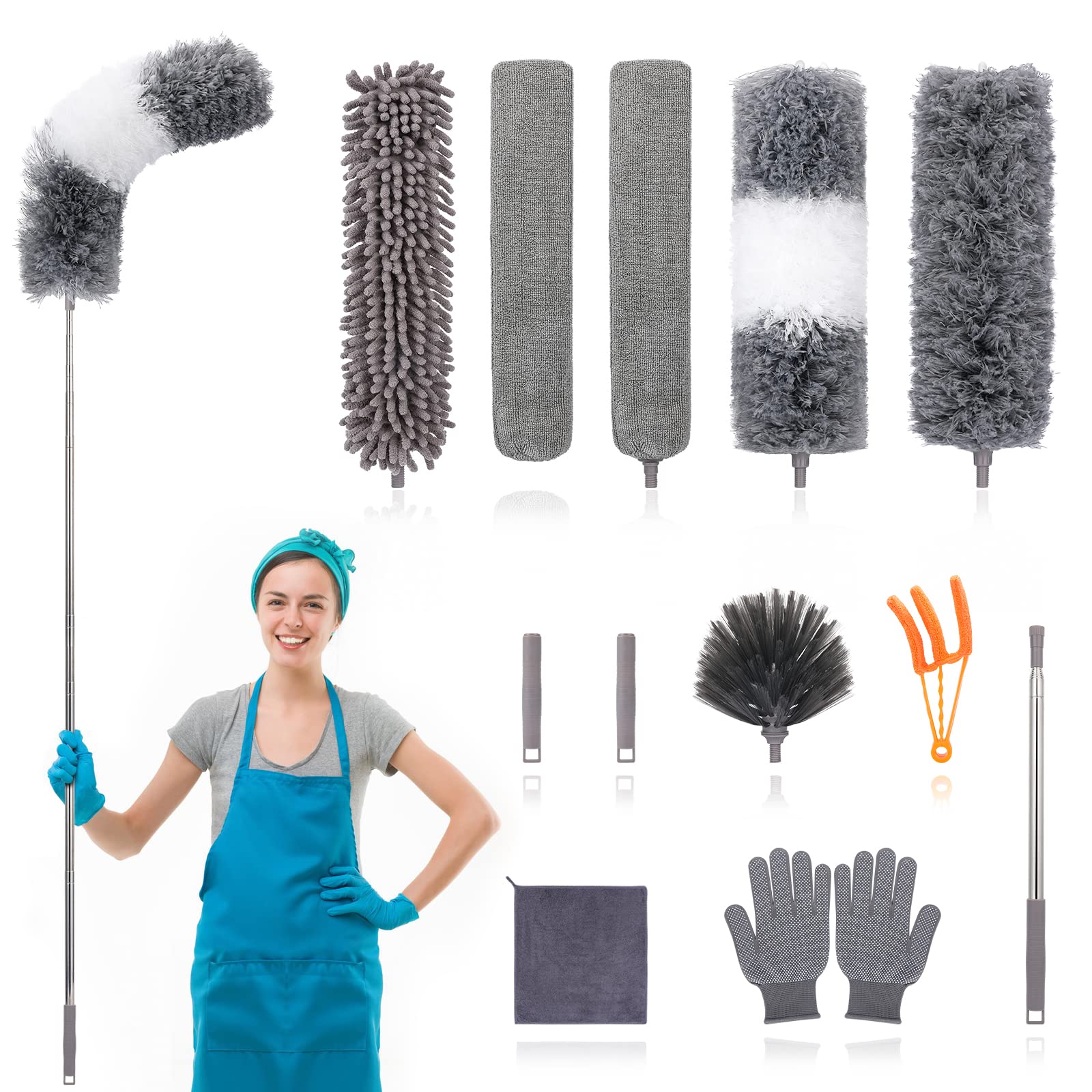 12pcs Microfiber Dusters, Duster with Extension Pole(Stainless Steel) 30 to 100'', Washable Dusters, Bendable Extendable Long Feather Duster for Cleaning Fan, High Ceiling, Blinds, Furniture, Cars