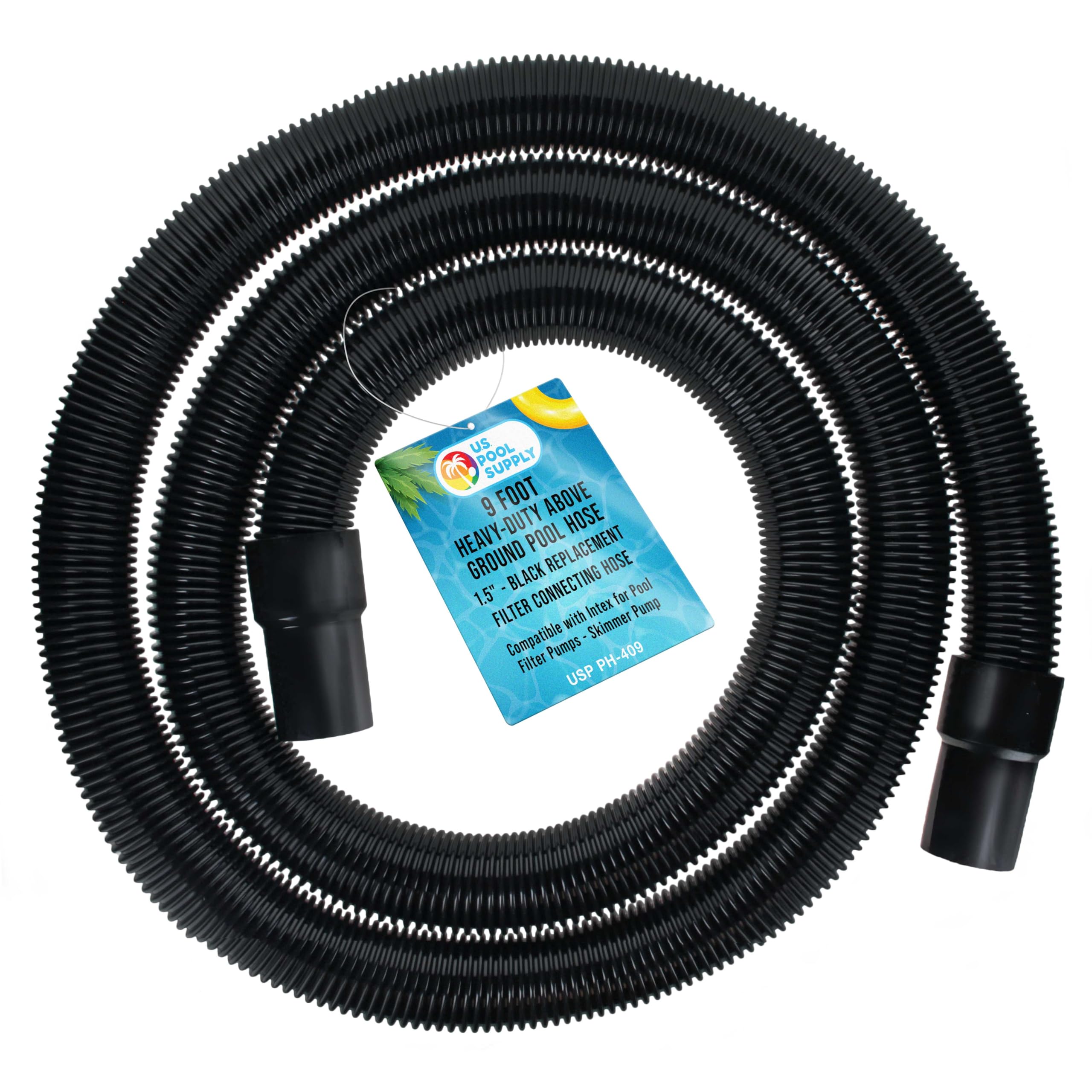 U.S. Pool Supply 9 Foot Heavy-Duty Above Ground Pool Hose, 1.5" - Black Replacement Filter Connecting Hose, Flexible Spiral Wound EVA - Compatible with Intex for Pool Filter Pumps - Skimmer Pump