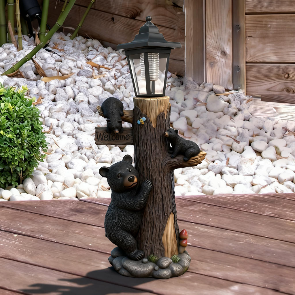 Oritty 19 Inches Bear Statue Welcome Sign Garden Statue with Solar Lights