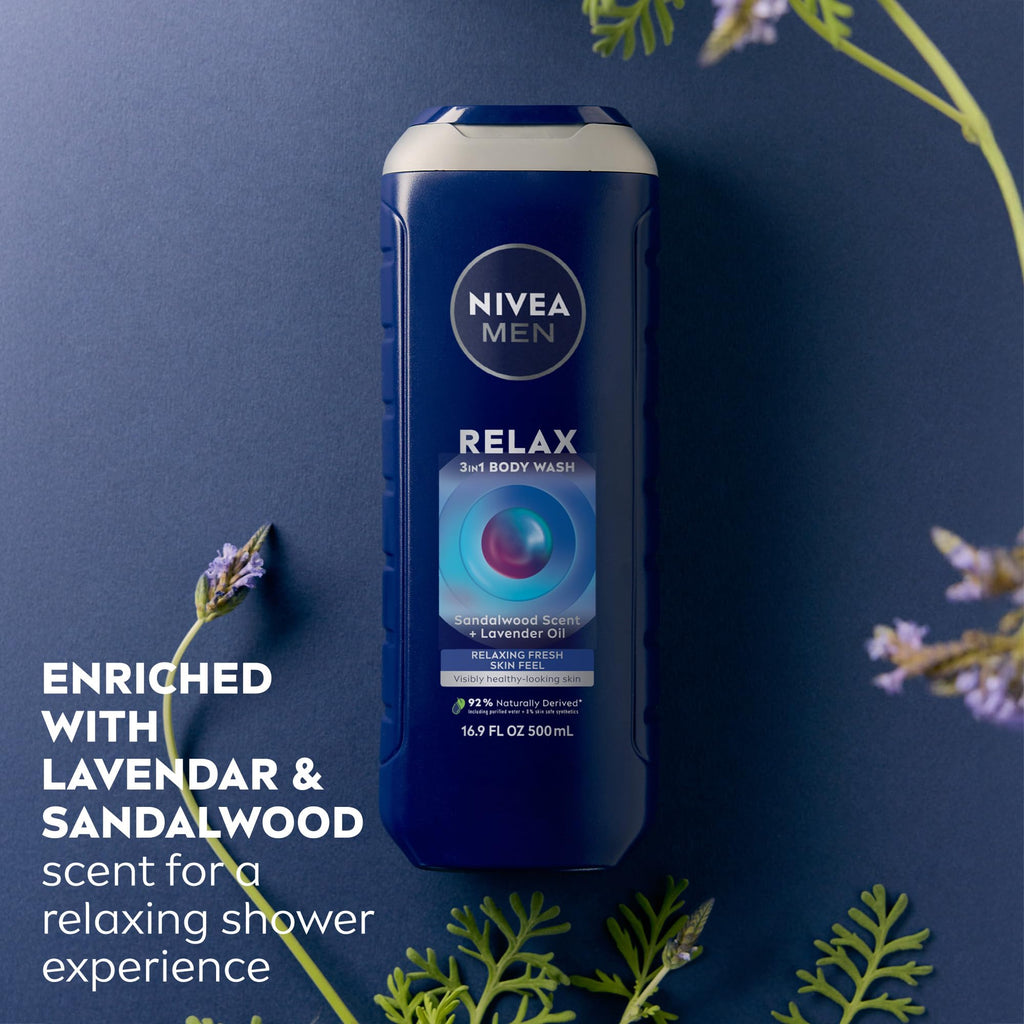 NIVEA MEN Relax Body Wash, Lavender and Sandalwood Scent, 3-in-1 Men's Body Wash, Face and Hair, Paraben Free, Vegan Formula, pH-Skin Friendly, 16.9 Fl Oz Bottle, Pack of 3