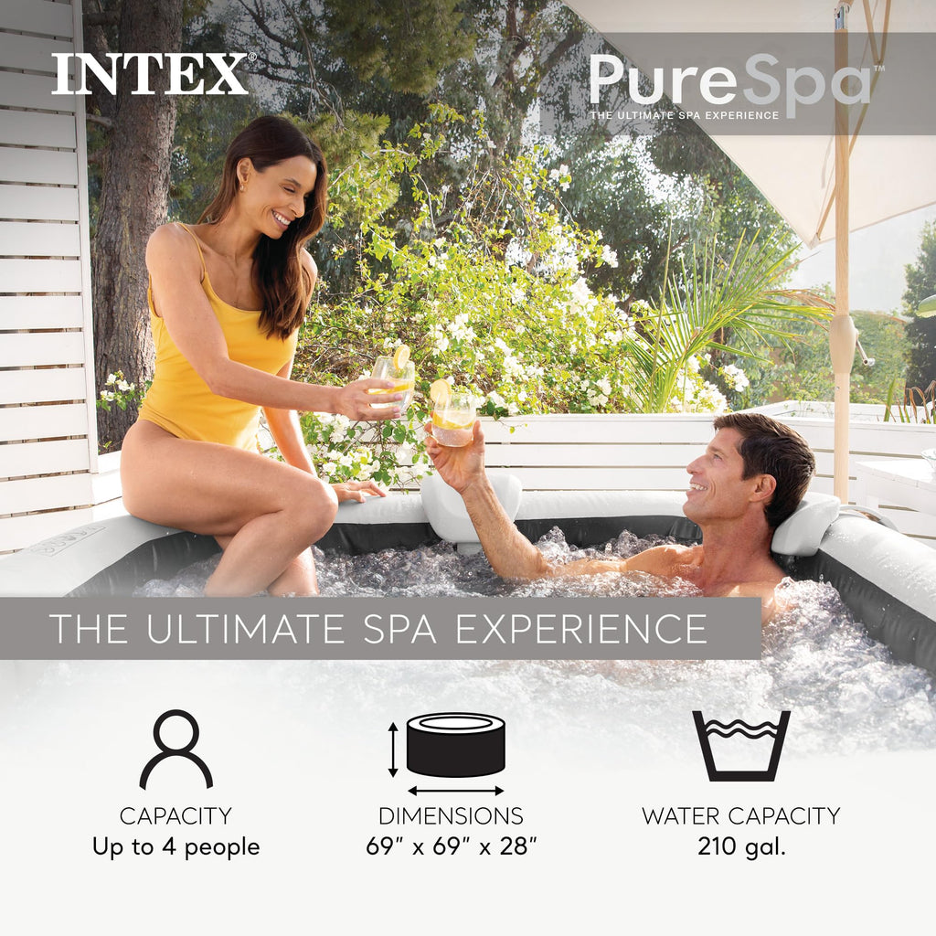 Intex PureSpa Greystone Deluxe 4 Person Square Inflatable Hot Tub, Bubble Massage Spa Set, Energy Efficient & Saltwater Compatible (Cell Not Included), 69 in x 28 in