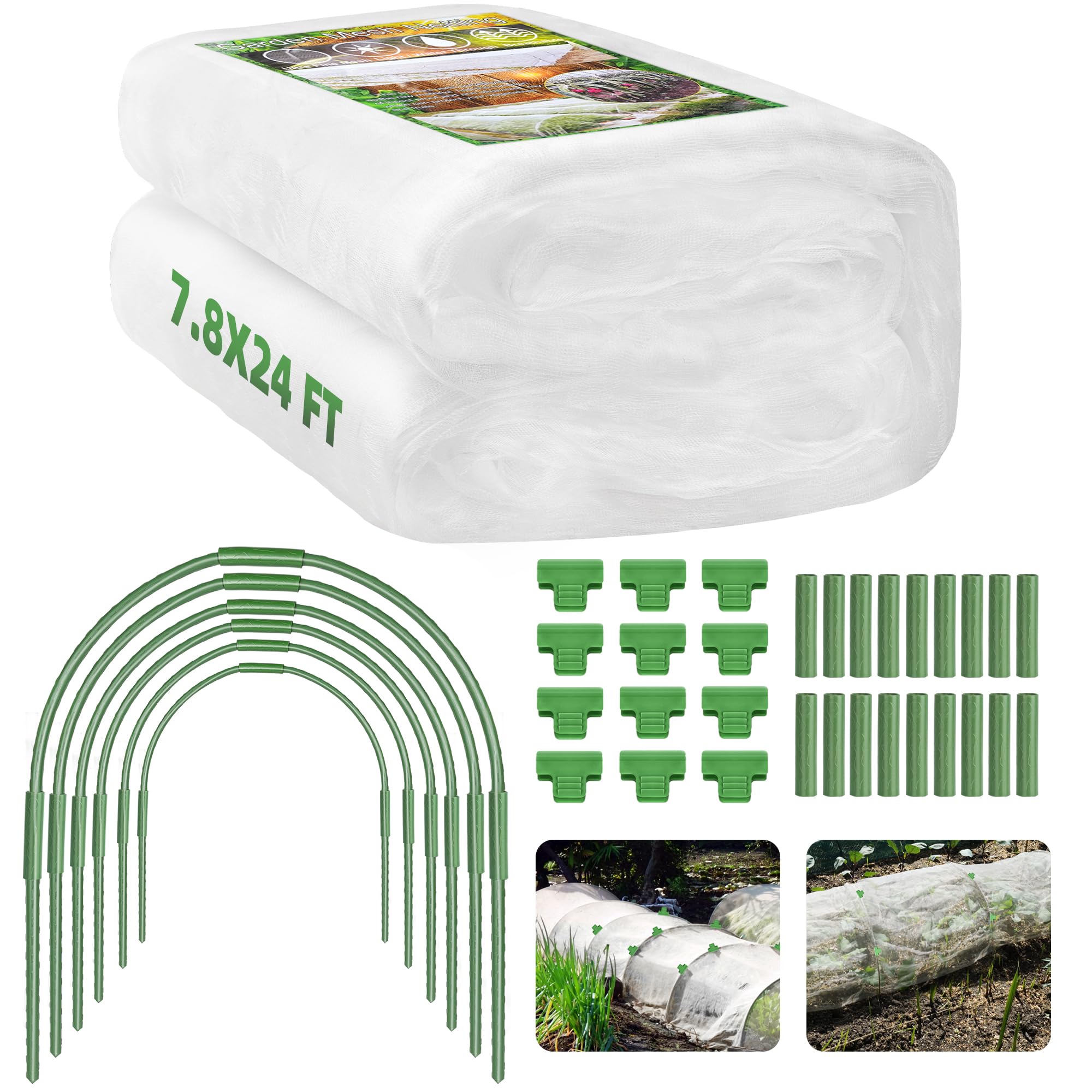U0U Garden Mesh Netting Kit,7.8 x 24 Ft Plant Netting with Hoops,Bird Net for Garden with 6 Sets Garden Hoops & 18 Clips,Garden Net Bed Cover for Plants Birds Animals Protection (White)