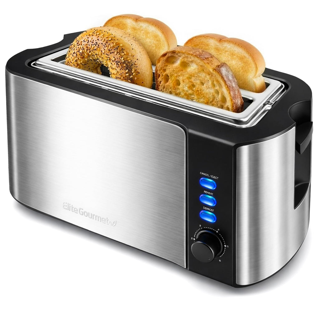 Elite Gourmet ECT-3100 4-Slice Long Slot Toaster | Extra Wide Slots for Bagels, Sourdough & Texas Toast | 6 Browning Settings | Reheat, Defrost & Cancel | Built-In Warming Rack | Stainless Steel