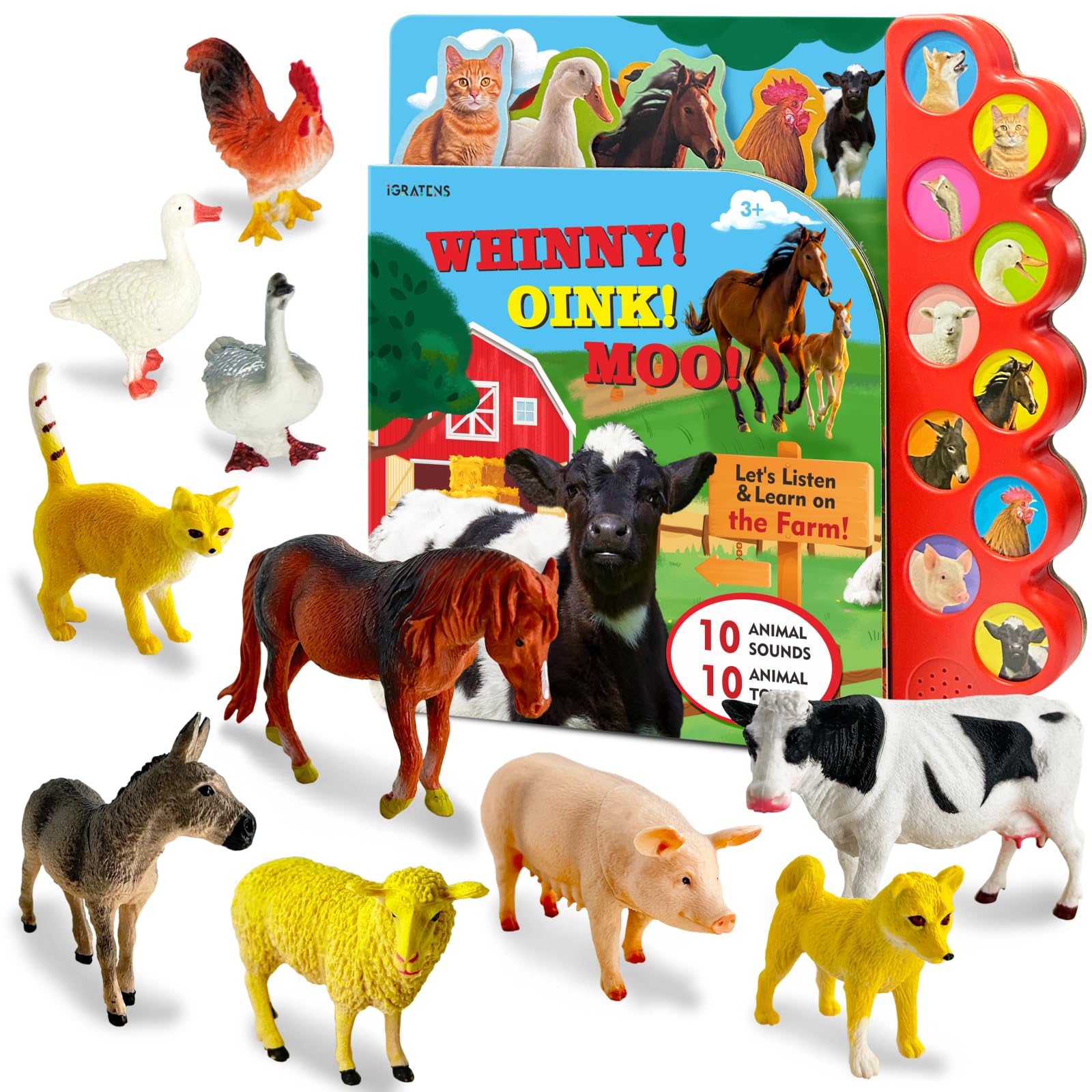iGRATENS Farm Animals Figures Toys with Sound Books, 10PCS Farm Animals for Toddlers & Animal Sound Books with 10 Buttons, Plastic Animals, Farm Toys for Toddlers 3-5, Animal Lover Gifts for Kids