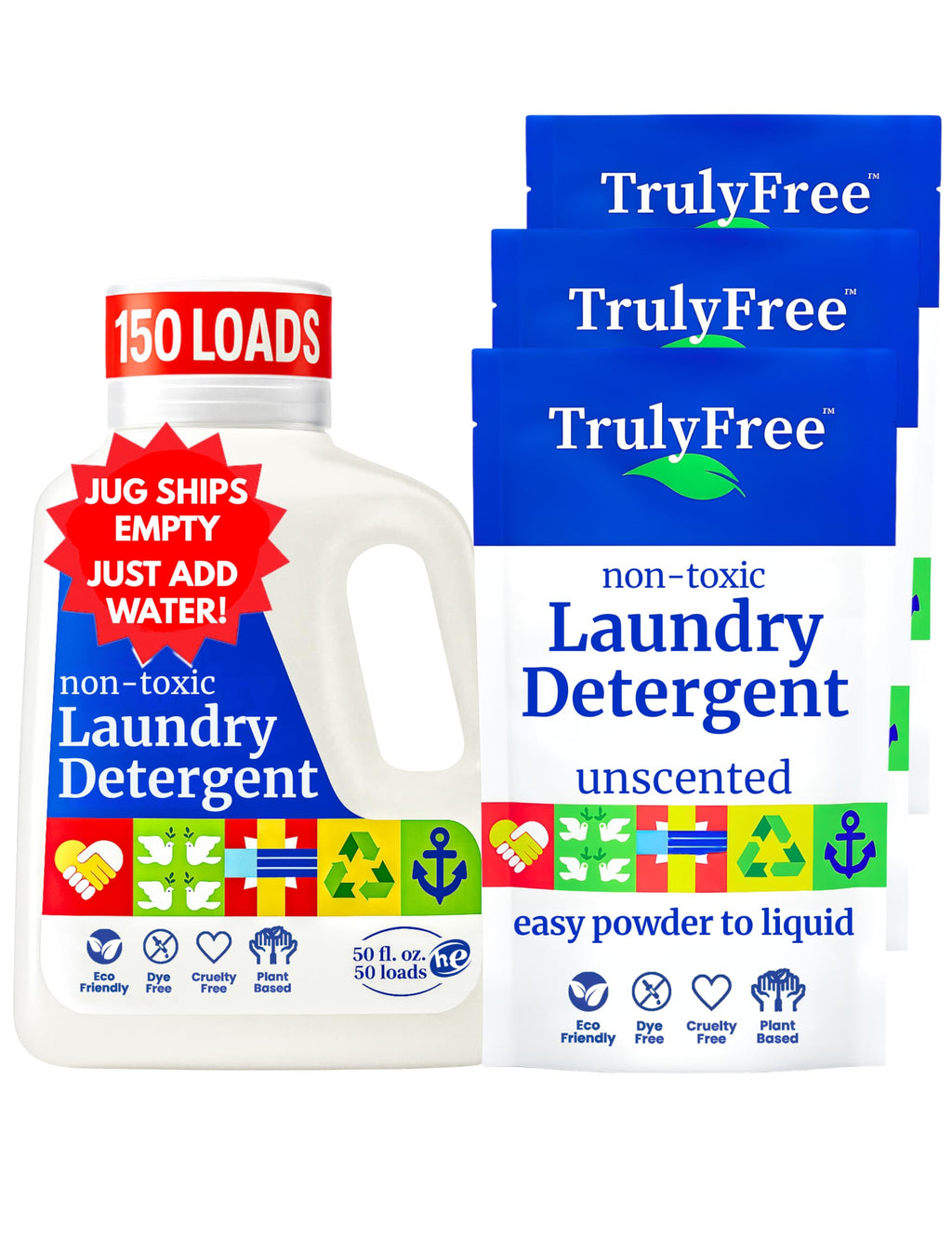 Truly Free Natural Laundry Detergent for Sensitive Skin | Eco Friendly, Plant Based, Baby Clothes Safe | Clean & Easy Powder to Liquid, 3 Detergent Packs + 1 Empty Reusable Jug | Unscented, 150 Loads