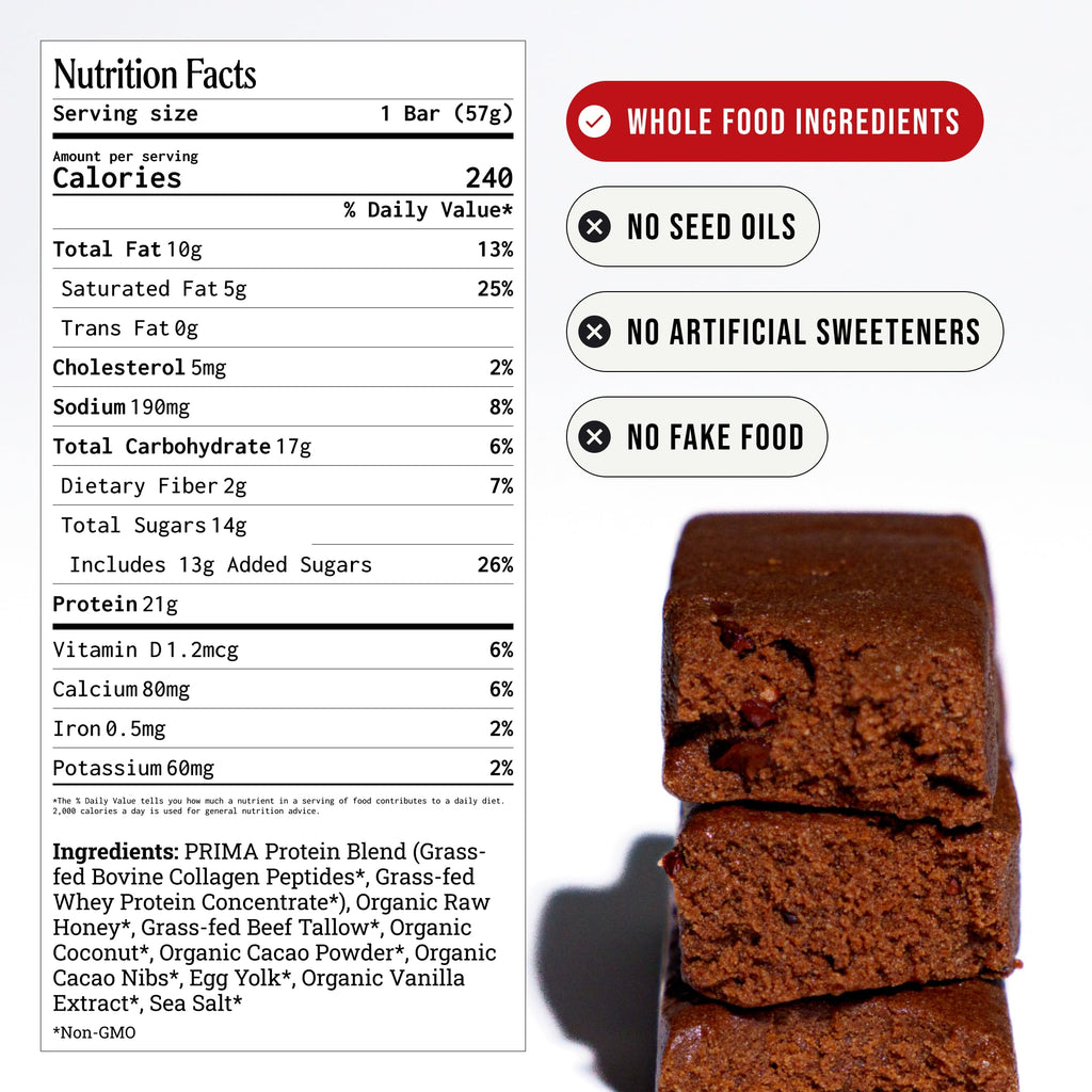 Prima Ancestral Protein Bar | 21g Grass Fed Whey + Collagen | Beef Tallow, Raw Honey | Seed Oil Free | Cacao - 7 Pack