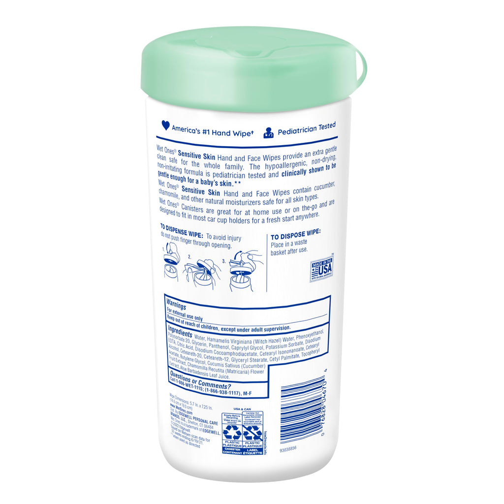 Wet Ones Hand and Face Wipes, Sensitive Skin, Unscented, Hand and Face, 40ct Canister (6 pack)