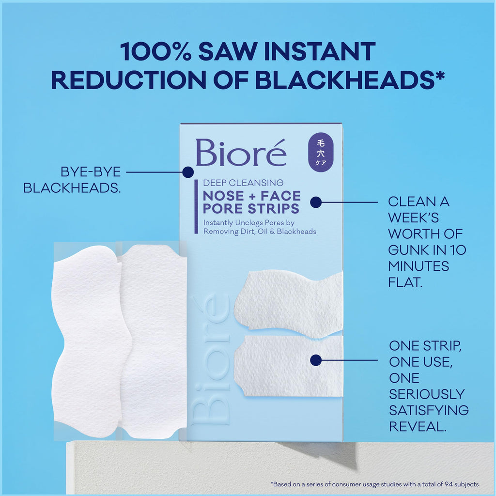 Biore Nose and Face Blackhead Remover Pore Strips, Deep Cleansing with Instant Blackhead Removal and Pore Unclogging, 24 Ct Value Size, Oil-free, Non-Comedogenic Use