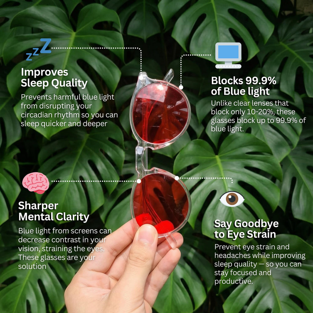 PRIMALS Blue Light Blocking Glasses - Extra Strength - Blocks 99.9% Blue Light - Improves Sleep & Focus - Computer/Gaming/TV/Phones - (Red Lens + Clear Frame)