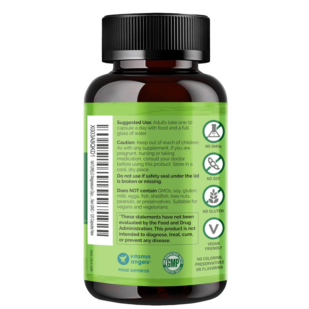 NATURELO Magnesium Glycinate Chelate Complex - 200 mg Magnesium with Organic Vegetables to Support Sleep, Calm, Muscle Cramp & Stress Relief - Gluten Free, Non GMO - 120 Capsules