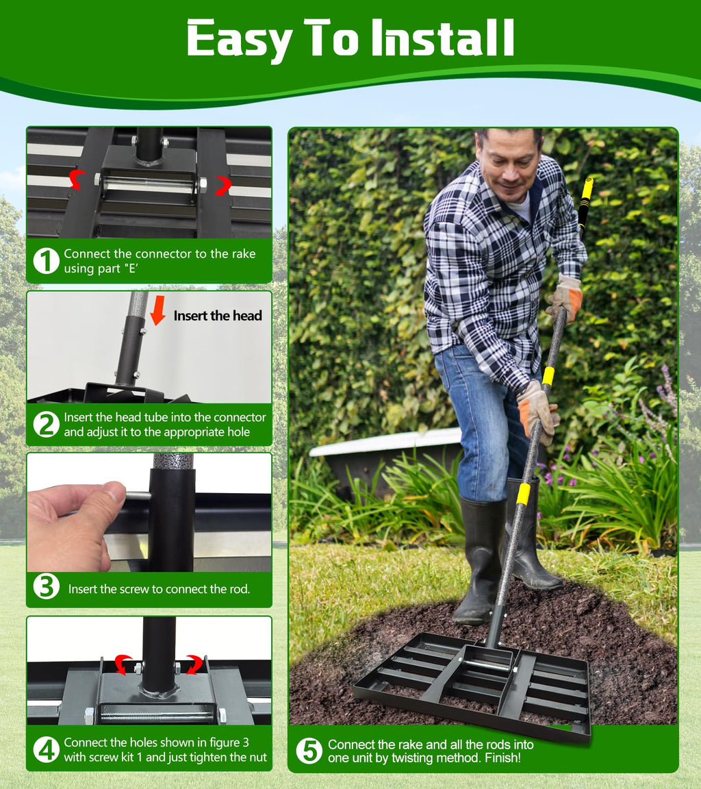 Lawn Leveling Rake 17x10 Inch , Heavy-Duty Yard Leveling Rake 6.2FT