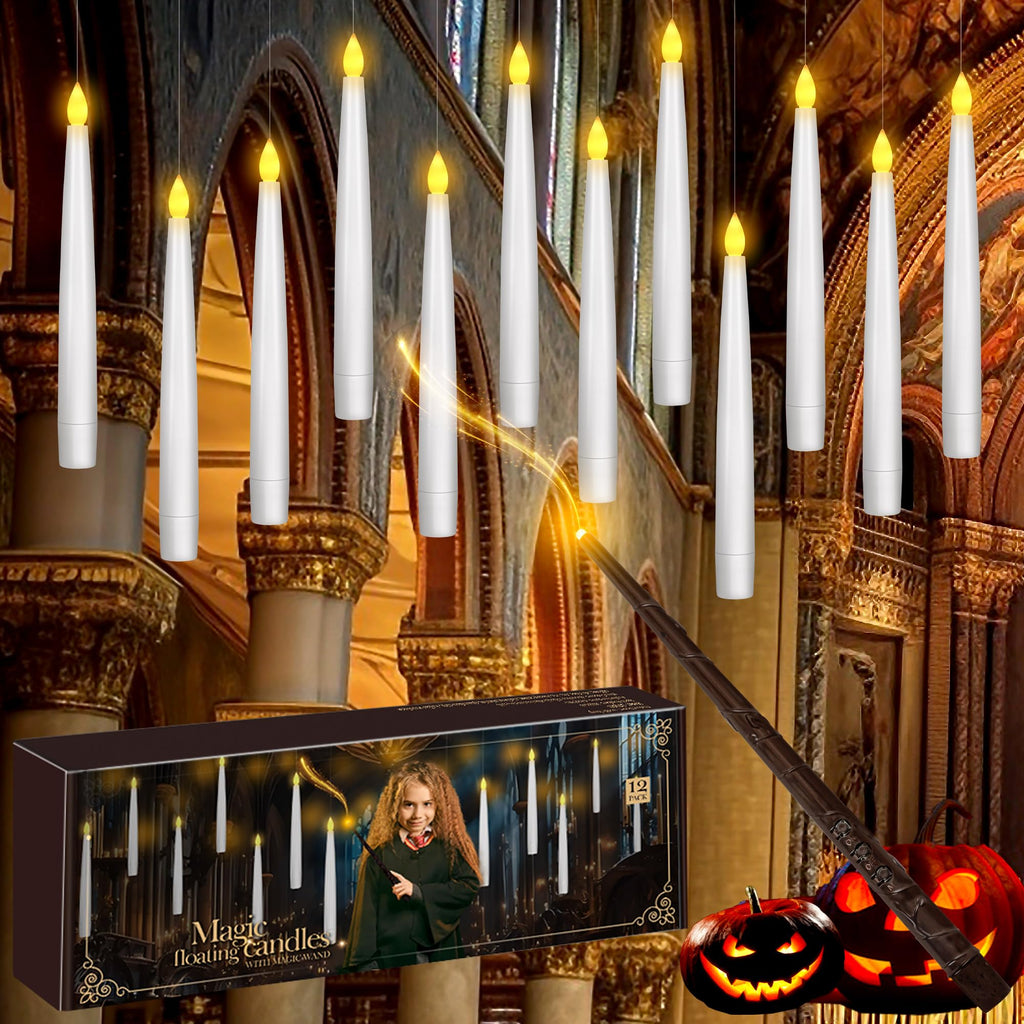 pmgro 20pcs Flameless Taper Candles with Remote, 3D Window Candle, Floating Hanging Candles with Wand, 6.3IN Led Taper Candle Battery Operated, Christmas Decor for Home Wedding,Halloween