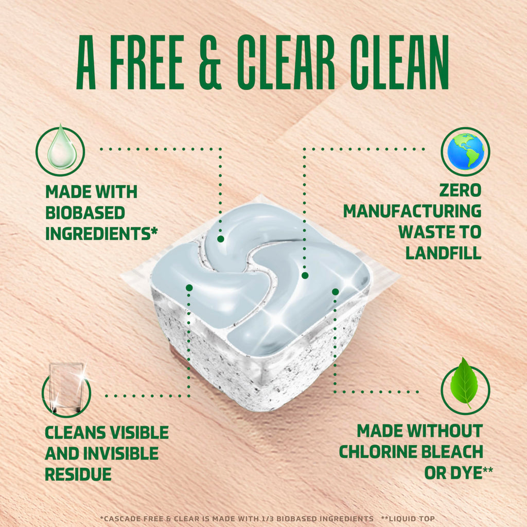 Cascade Free & Clear Dishwasher Pods, Dishwasher Detergent, Dish Detergent Soap, Unscented, 47ct