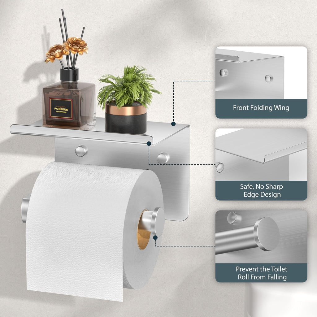 FORIOUS Toilet Paper Holder with Shelf, Adhesive or Screw Wall Mount Toilet Roll Holder for Bathroom, Rustproof 304 Stainless Steel Commercial Toilet Tissue Holder with Storage, Brushed Nickel