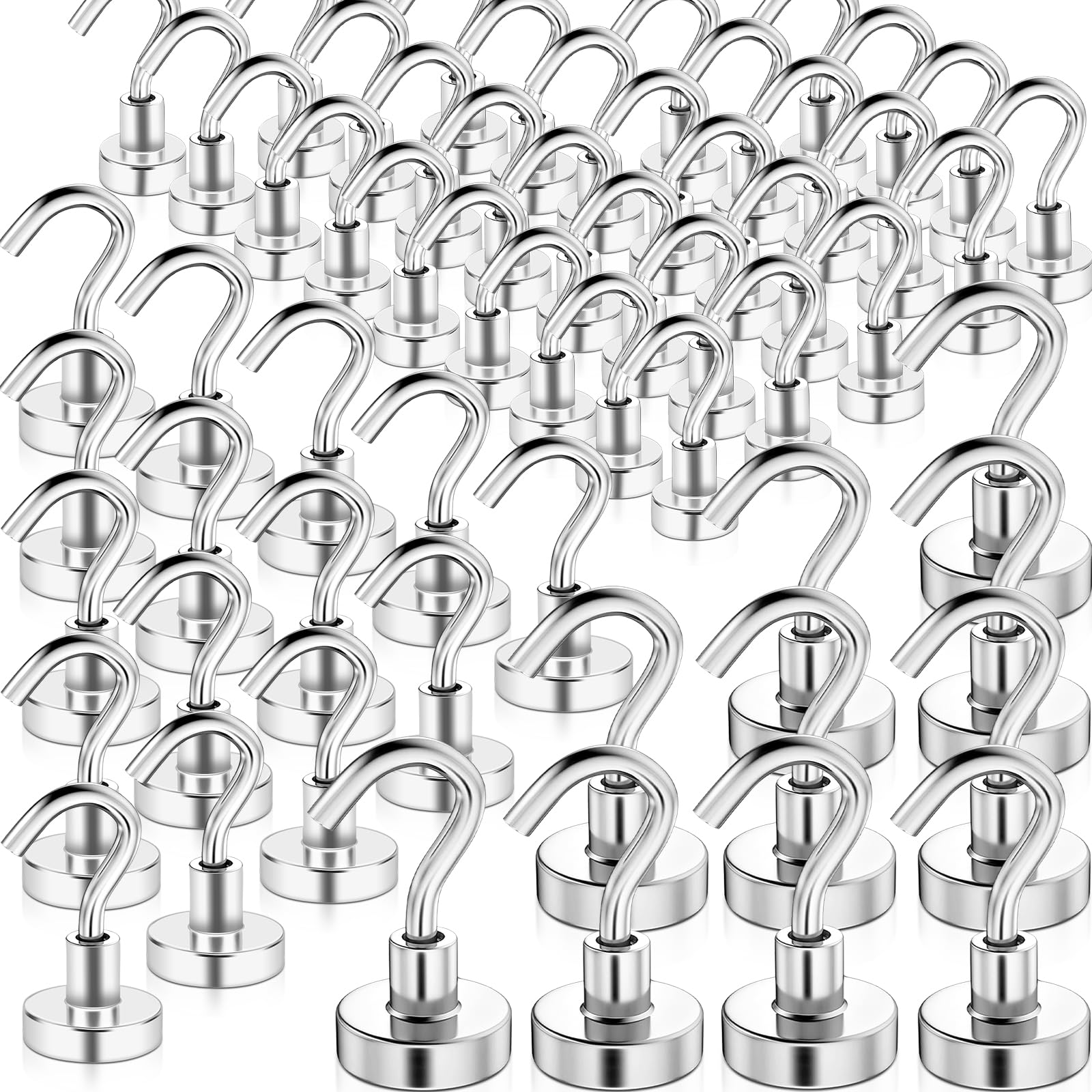 MAGXCENE 50 Pcs Magnetic Hooks Heavy Duty, 3 Different Size Strong Rare Earth Magnet Hooks for Hanging, Refrigerator, Neodymium Magnets with Hooks for Grill Kitchen Tool Storage