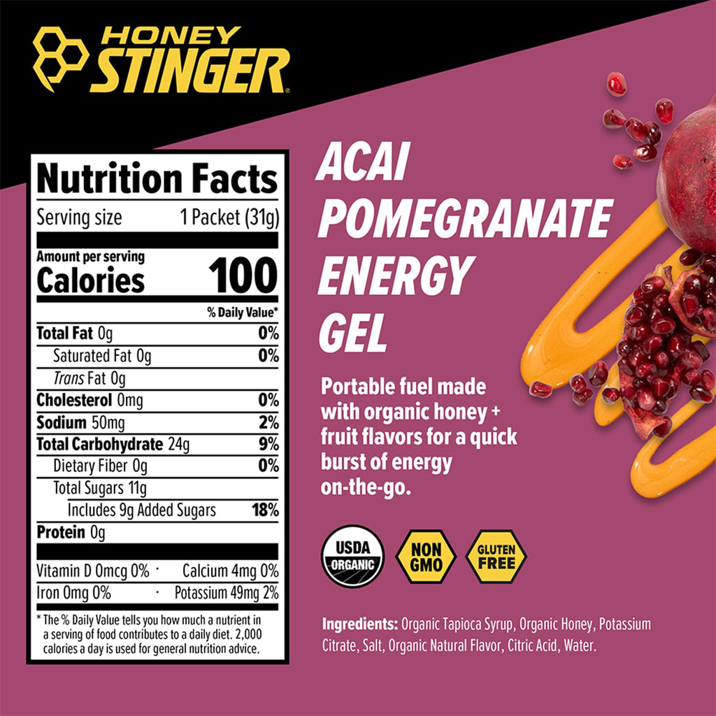 Honey Stinger Organic Acai Pomegranate Energy Gel, Gluten Free & Caffeine Free, for Exercise, Running and Performance, Sports Nutrition for Home & Gym, Pre and Mid Workout, 24 Pack, 26.4 Ounce