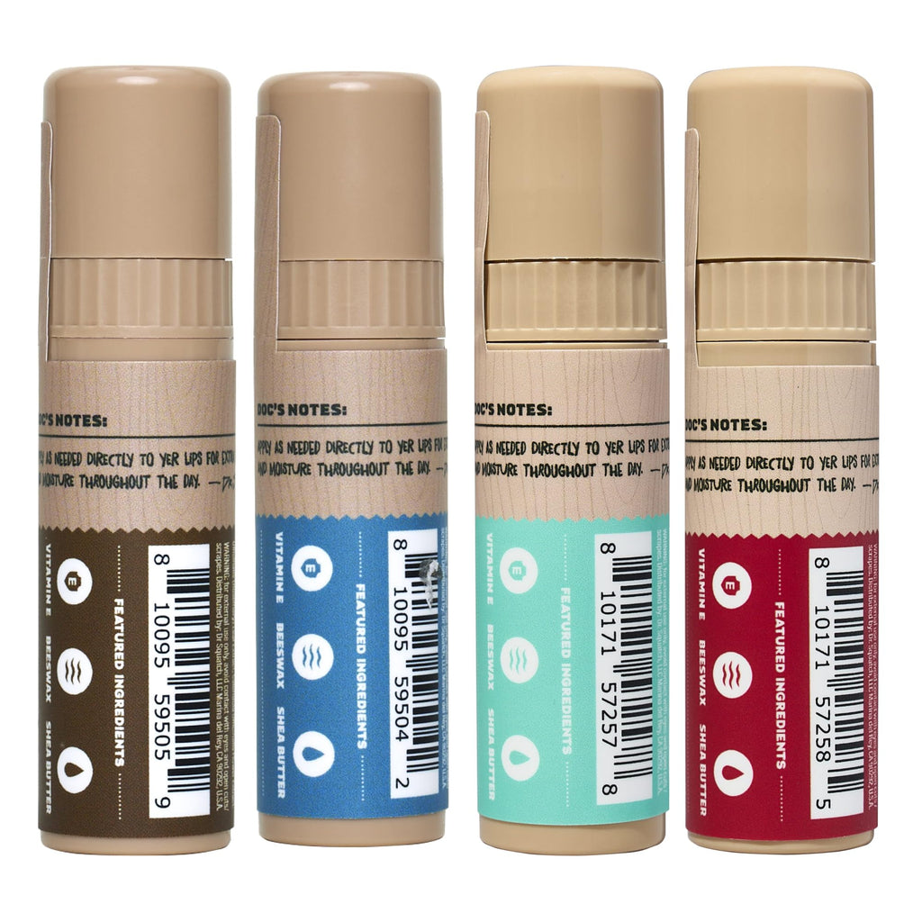 Dr. Squatch Natural Lip Balm for Men – Men’s Lip Care for Dry, Chapped Lips – Coconut Oil, Shea Butter & Beeswax – Original Squatch, Vanilla Bourbon, Coconut Cove, Wild Watermelon (0.25 oz, 4 Pack)
