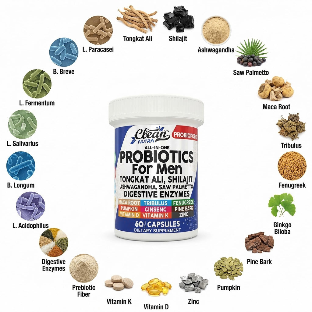 Clean Nutra Probiotics for Men | Tongkat Ali, Saw Palmetto, Tribulus, Ginseng, Ashwagandha, Maca, Pumpkin, Gingko Biloba, Pine Bark, Fenugreek, Shilajit, Zinc - Mens Probiotic 60 Capsules