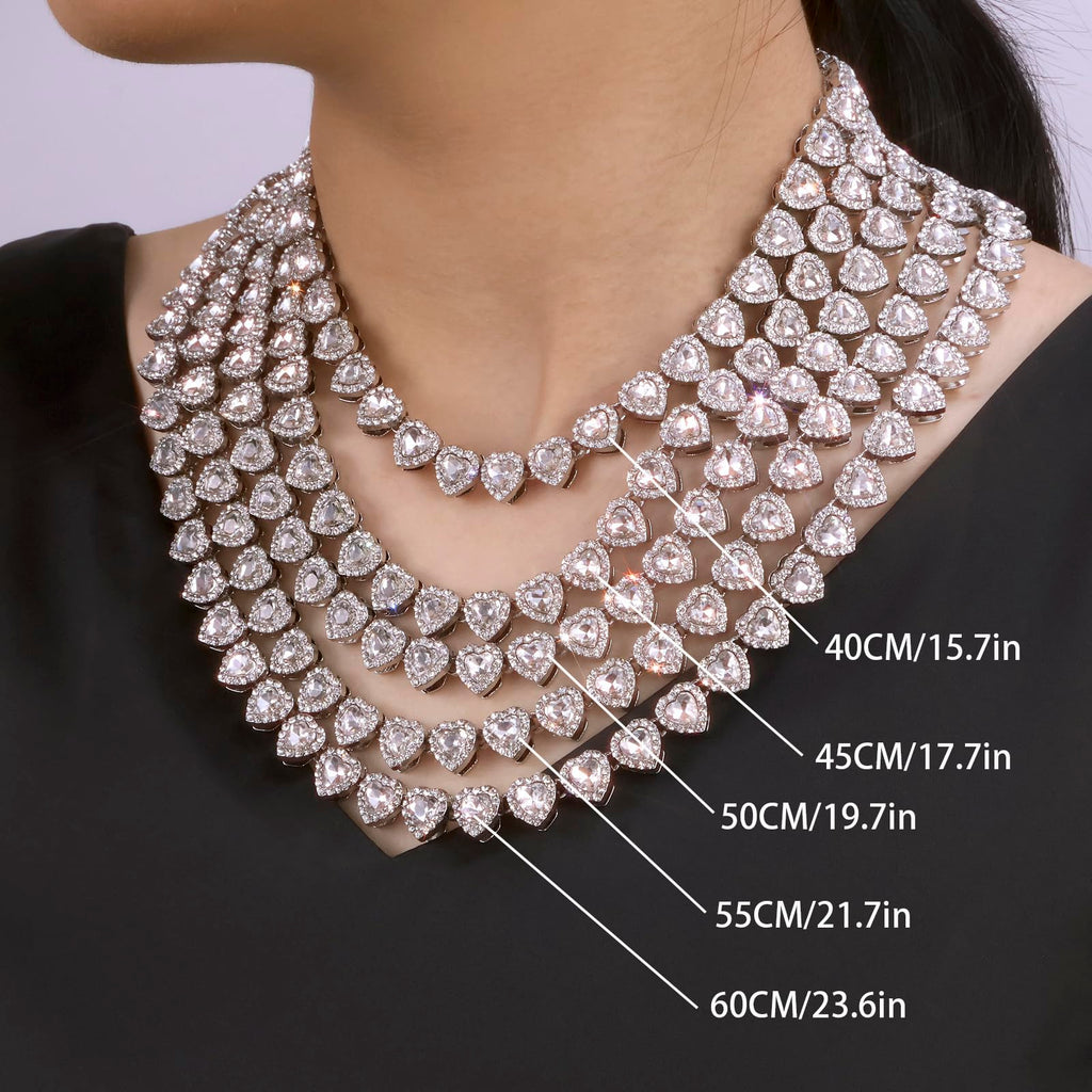 fasone Rhinestone Hearts Necklace, Iced Out Hearts Jewelry，Silver Tennis Necklace For Women，Tennis Necklaces For Women, Heart Tennis Necklace (White_17.7inch)