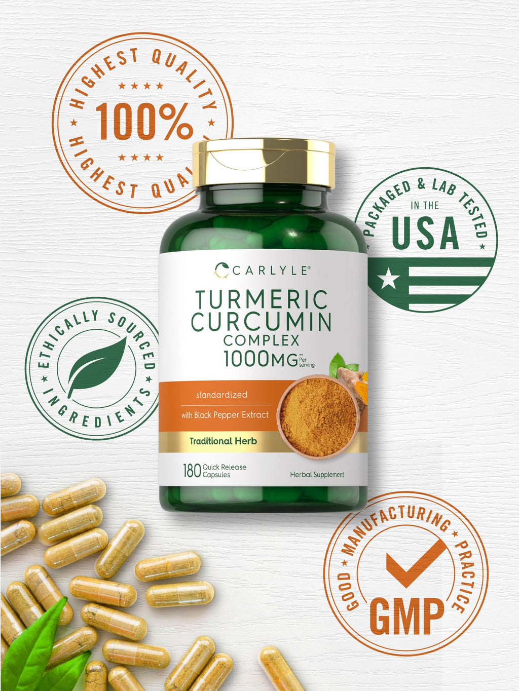 Carlyle Turmeric Curcumin with Black Pepper | 180 Capsules | Turmeric Complex Supplement | Non-GMO, Gluten Free