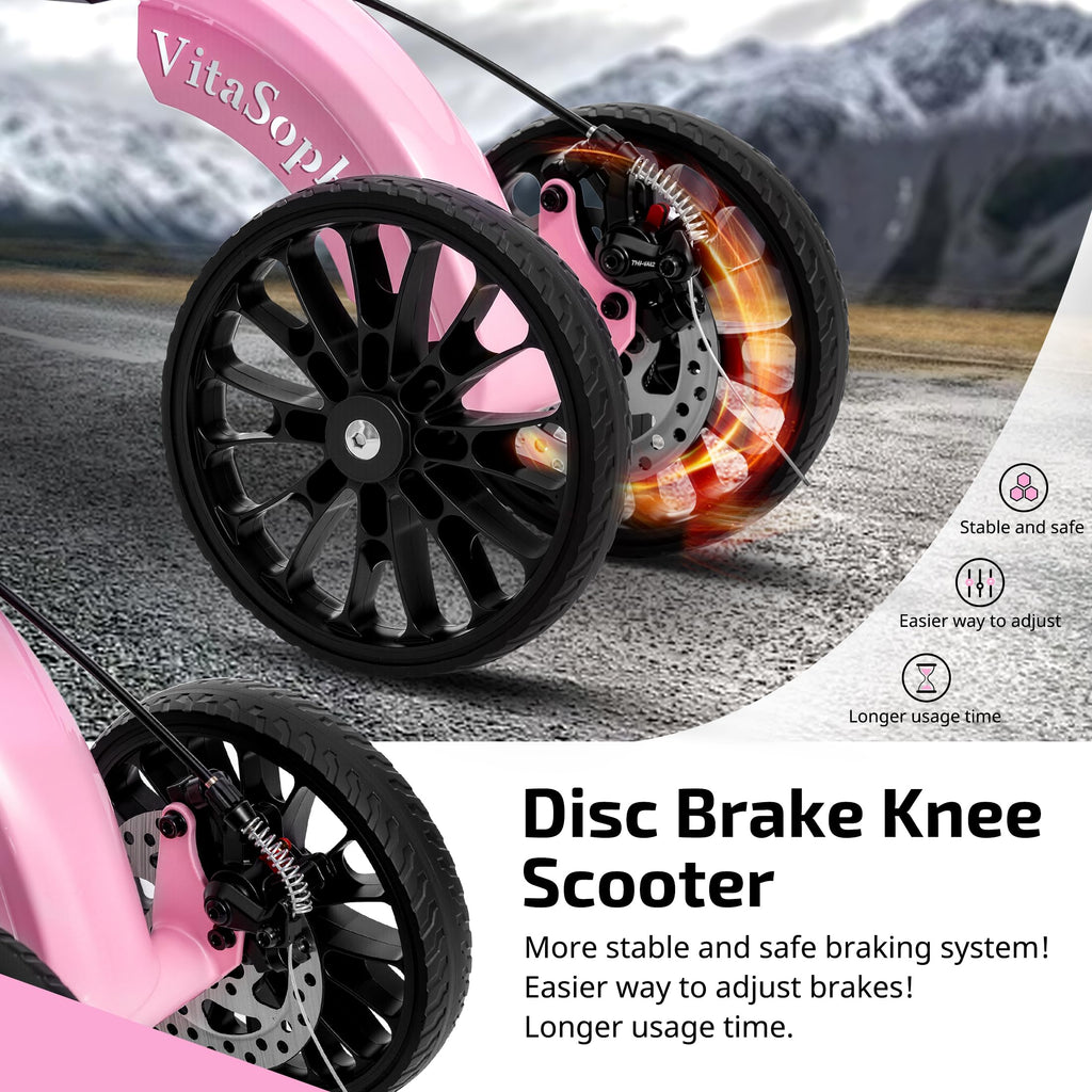 VitaSophy Knee Scooter with Disc Brake, Steerable Knee Walker for Adults,Foldable Rover Scooter for Broken Foot Injured Leg Crutch,Pink