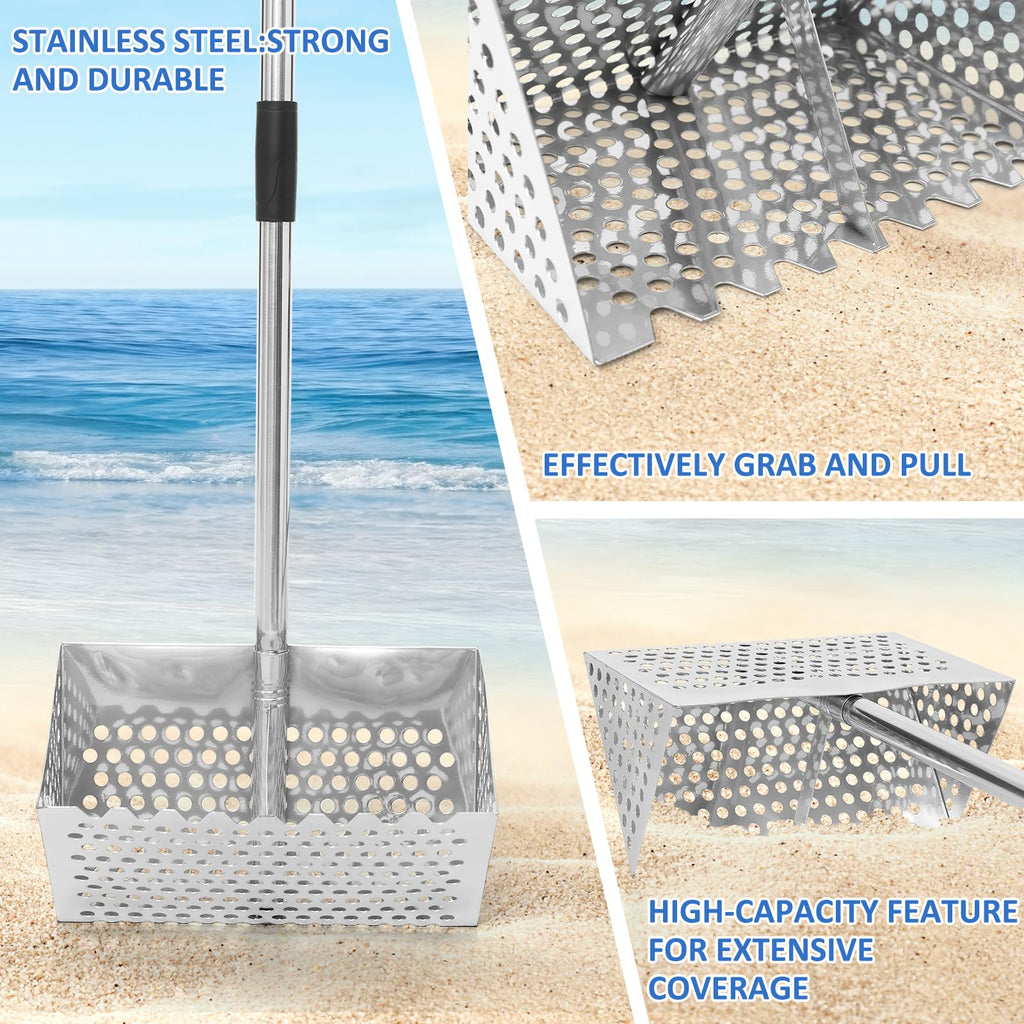 Sand Flea Rake, Shark Tooth Sifter ,65" Long Handle Stainless Sand Sifter