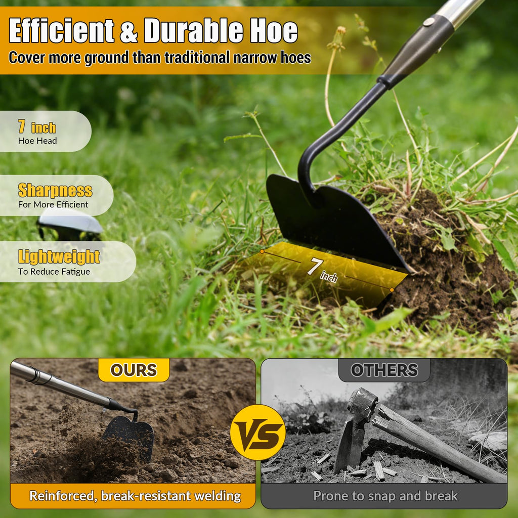 Garden Hoe Tool, 65 Inches Stainless Steel Long Handle Hoe Garden Tool, Garden Hoe for Weeding with 7-inch Wide Welded Blade, Garden Hoes for Weeding, Cultivating, Digging, Loosening, and Planting