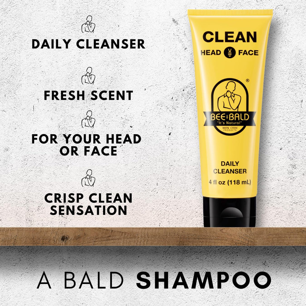 Bee Bald CLEAN - Daily Cleanser for Face and Head - Premium Facial Cleanser for Men and Women, Refreshes and Thoroughly Cleans - 4 fl Oz (Pack of 2)