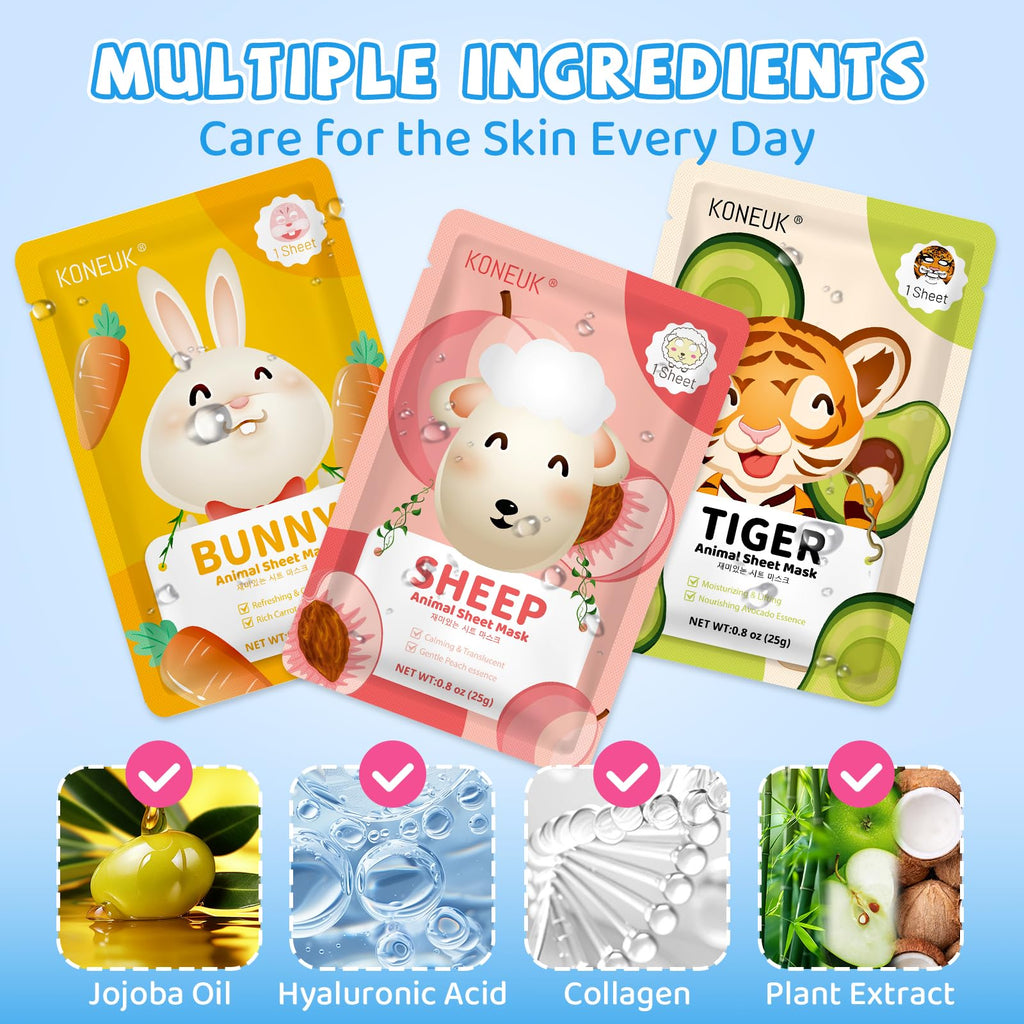 KONEUK 54 Pack Animal Kids Face Mask Spa, Bulk Collagen Hydrating Sheet Face Masks Skincare for Girls Teens, Easter Basket Stuffers, Birthday Gifts, Mothers Day Gifts for Mom