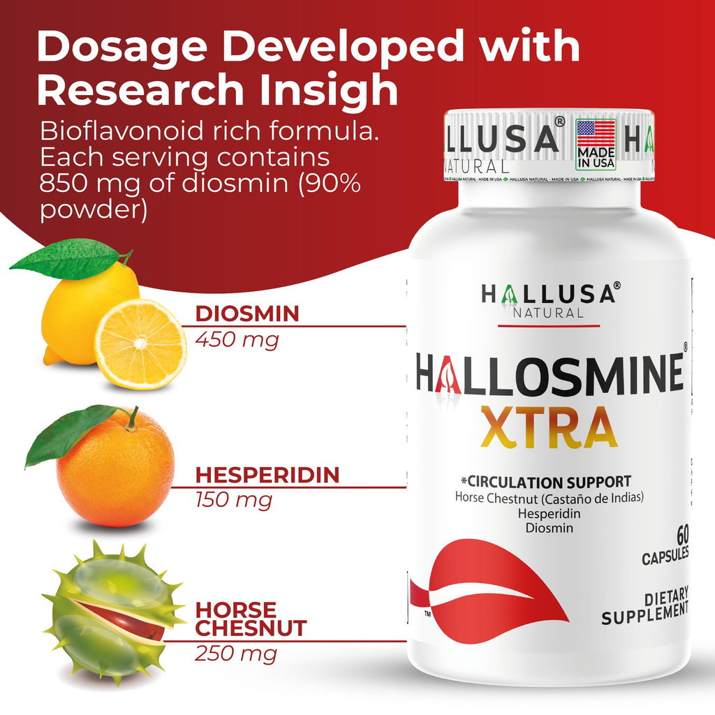 Hallosmine Xtra Circulation & Vein Support, Diosmin, Horse Chesnut & Hesperidin 850mg + FREE Leg Cream | Leg Circulation, Varicose Veins, Spider Veins, Hemorrhoids, Blood Flow, 60 capsules