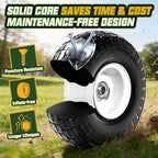 QILINGLORY 4.10/3.50-4 Flat Free Tire and Wheel, 10" Solid Tire with 5/8" bearing bore, Replacement for Gorilla Cart,Hand Truck, Dolly, Wheelbarrow, 500 lbs Load Capacity (10 Inch, 2-Pack)