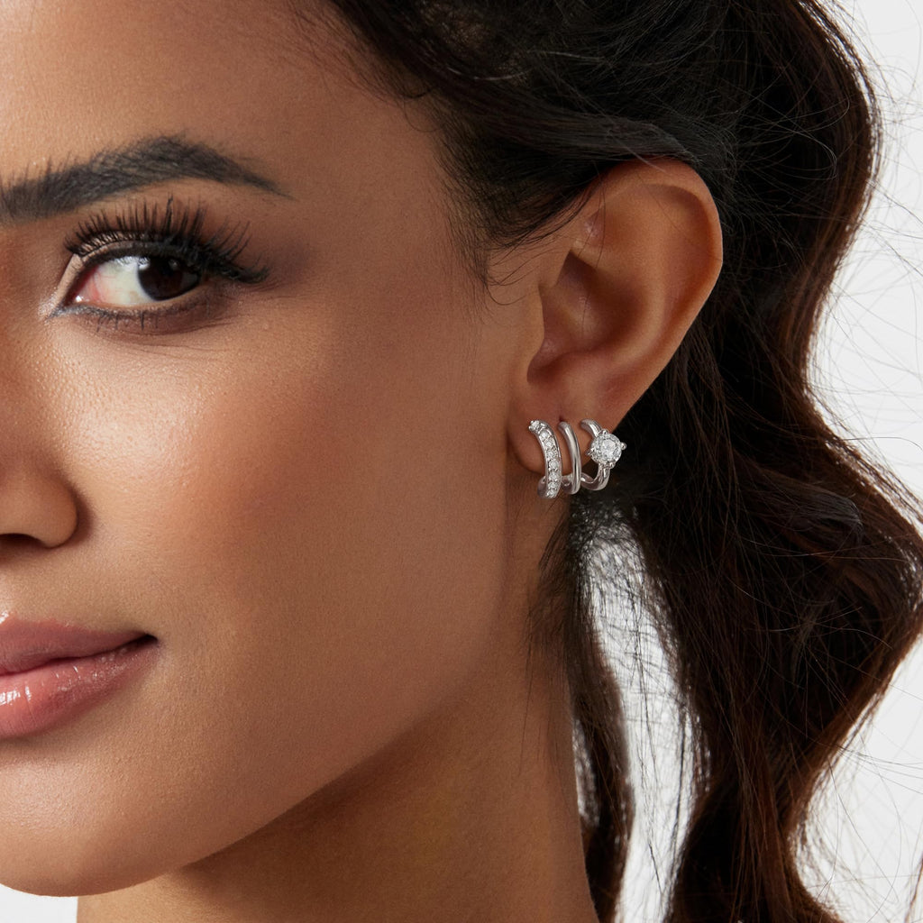 HAXIYA Sterling Silver Triple Hoop Earrings for Women Trendy Huggie Illusion Stud Earring Silver Plated Small Hoops Earrings 2 Set Unique Ear Cuff for One Hole