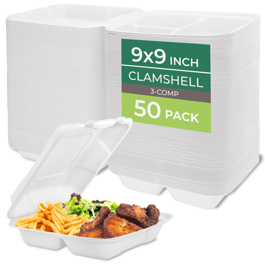 Freshware Clamshell Food Containers with Lids [9x9"] 3-Compartment 50-Pack, Disposable To Go Containers, Biodegradable Sugarcane To Go Boxes - Paper Containers - Microwave & Freezer Safe, Stackable