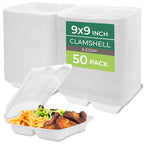 Freshware Clamshell Food Containers with Lids [9x9"] 3-Compartment 50-Pack, Disposable To Go Containers, Biodegradable Sugarcane To Go Boxes - Paper Containers - Microwave & Freezer Safe, Stackable