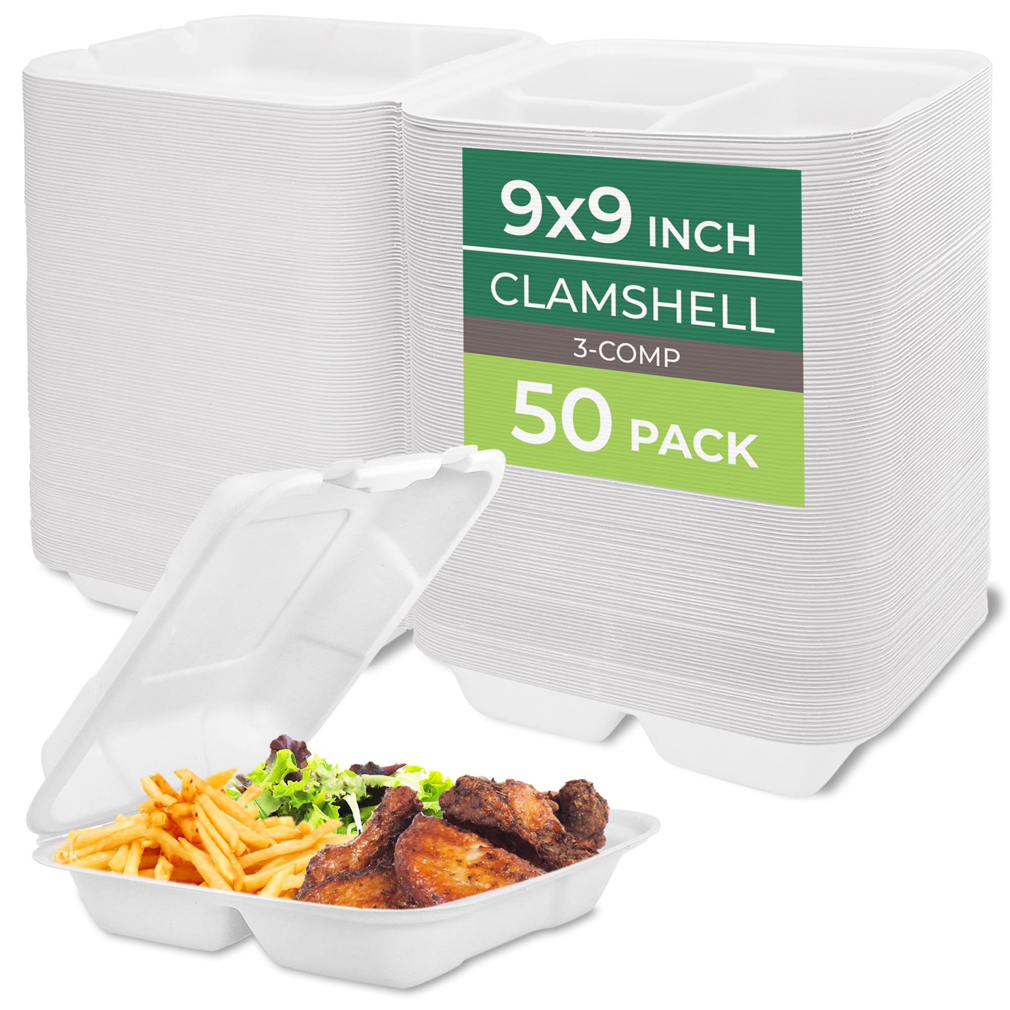 Freshware Clamshell Food Containers with Lids [9x9"] 3-Compartment 50-Pack, Disposable To Go Containers, Biodegradable Sugarcane To Go Boxes - Paper Containers - Microwave & Freezer Safe, Stackable