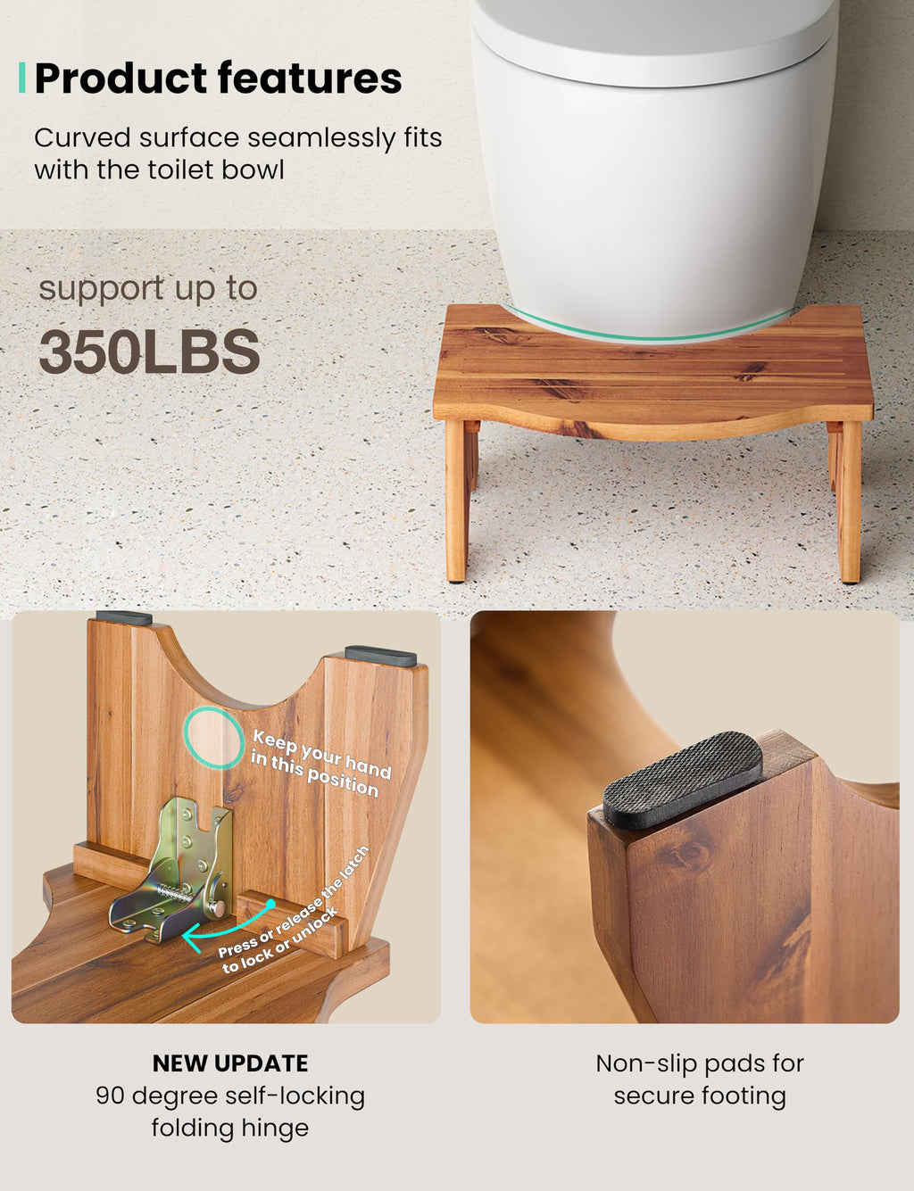 HOLANA Foldable Toilet Stool for Bathroom Adults - 7.2" Acacia Wood Poop Stool for Kids - Pooping Stool Squat with Anti Slip Layer - Bathroom Stools for Sitting/Travel (Acacia Wood 7.2" Height)