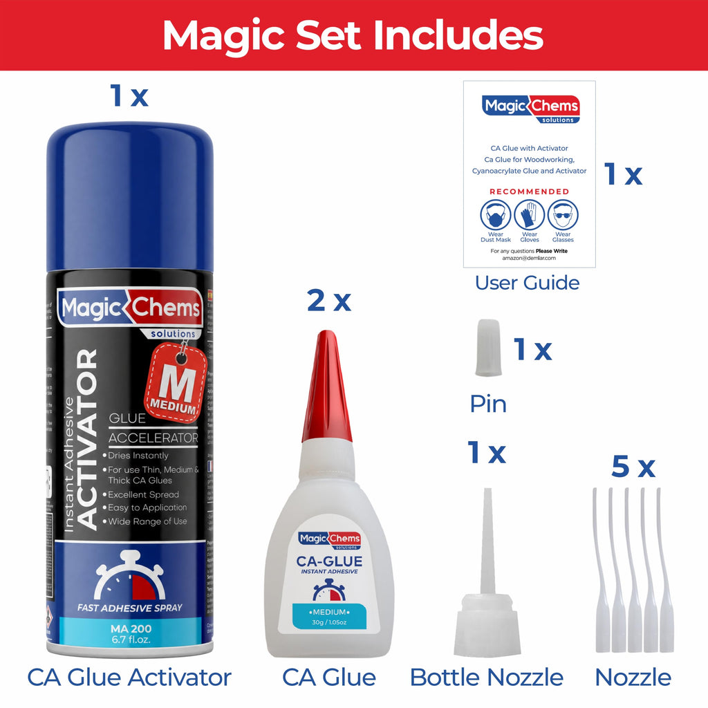 Magic Chems CA Glue with Activator, Cyanoacrylate Adhesive, Acrylic, 1 Pack