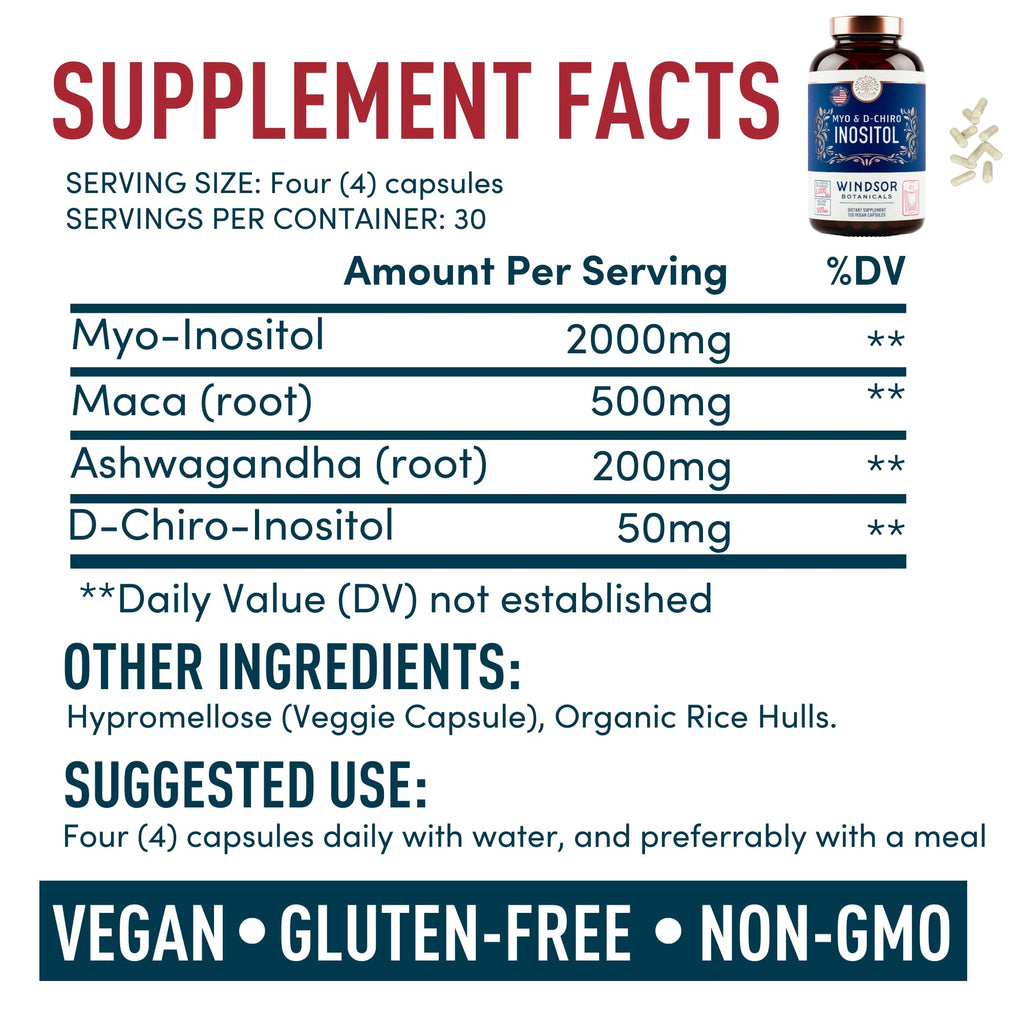 WINDSOR BOTANICALS Myo-Inositol & D-Chiro Inositol 40:1 Ratio - Inositol Supplements with Maca Root & Ashwagandha - 120 Vegan Capsules