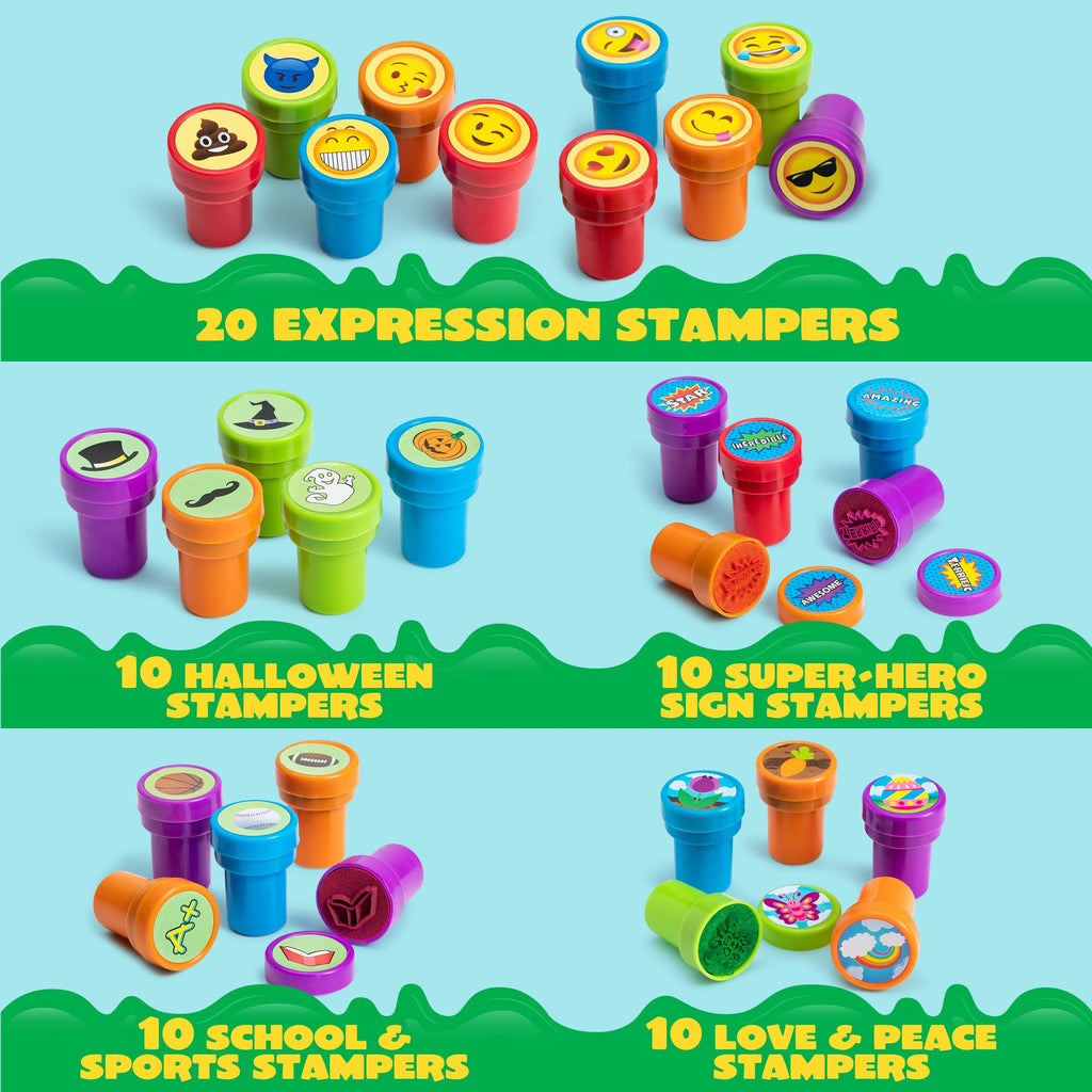 JOYIN 100PCS Assorted Stamps for Kids Self-Ink for Party Favor, Teacher Stamps, Kids Treasure Box, Prize for Classroom, Birthday School Stuffers (50 Designs, Dinosaur, Halloween Stampers)