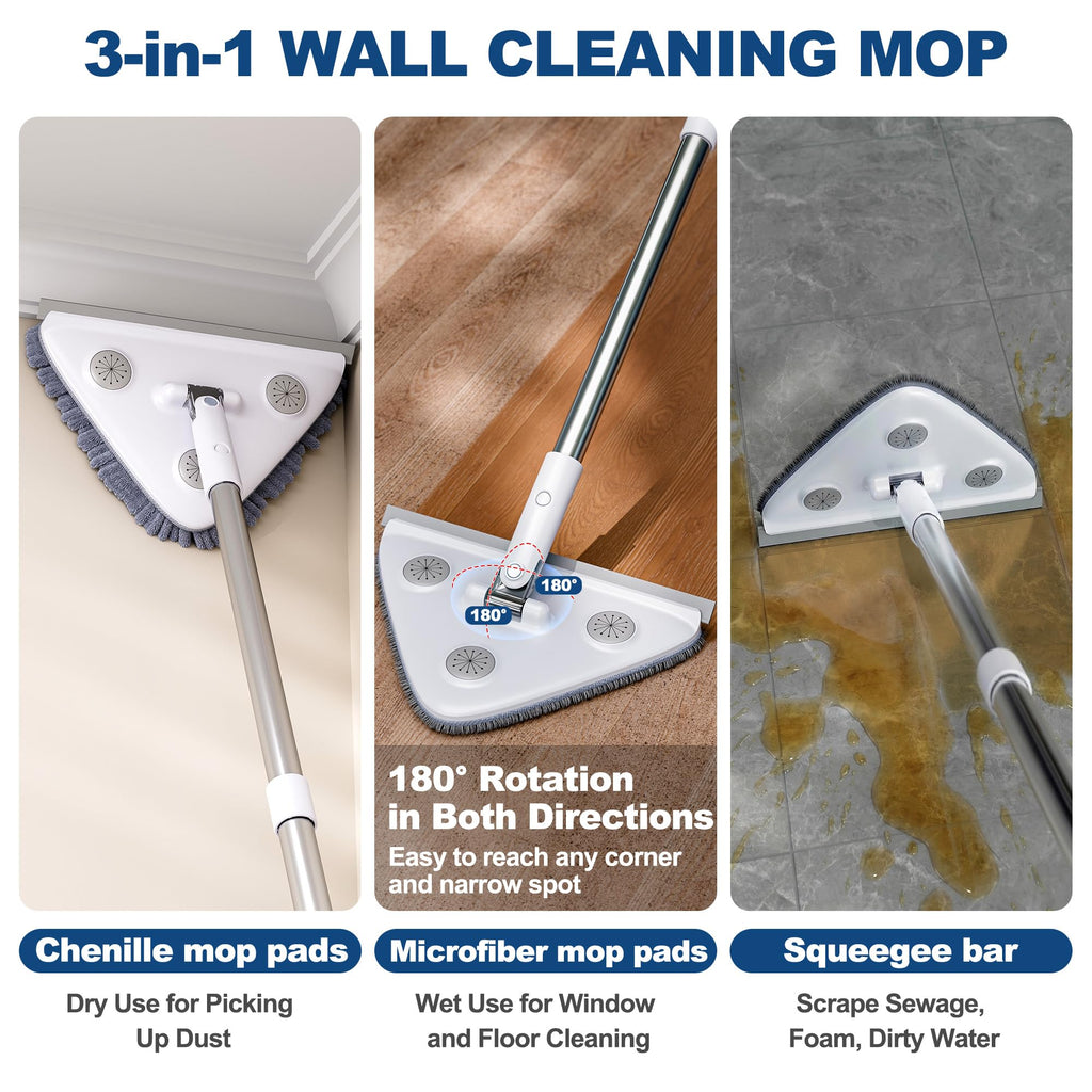 POPMOP Wall Cleaner Mop with Long Handle, Wall Duster with Extension Pole, 3-in-1 Wall Cleaner, Dust Mop with 5 Reusable Pads