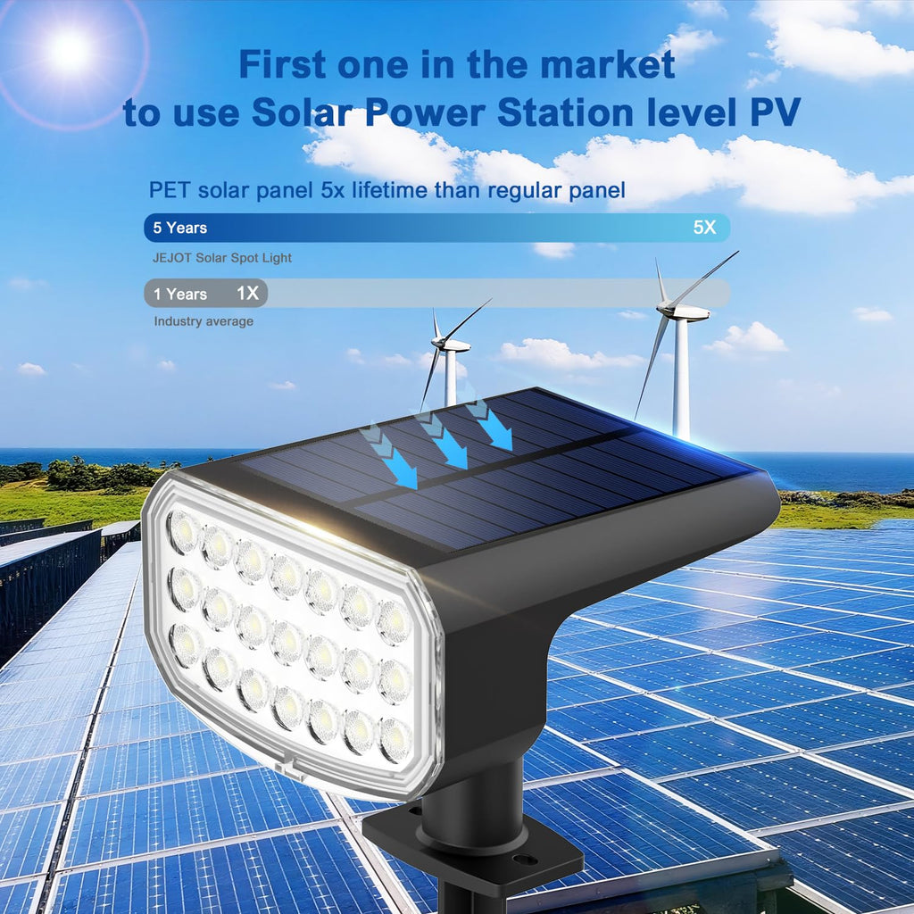 JEJOT Solar Lights Outdoor Waterproof IP65, Super Bright LED with Lens, 3000K 2 Lighting Modes, Solar Powered Yard Garden Solar Spot Lights for Outside Landscape Auto On/Off -4 Pack