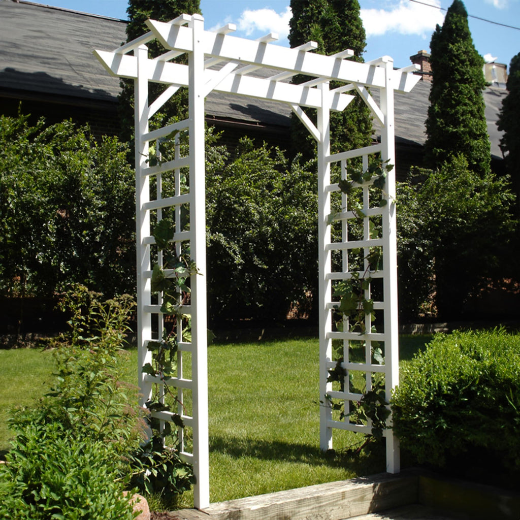 Dura-Trel Providence Arbor, Vinyl Garden Archway for Outdoors, 64" x 85", White - Backyard Decorative Arch and Backdrop with Lattice Design and Trellis Sides for Climbing Plants, Vines and Flowers